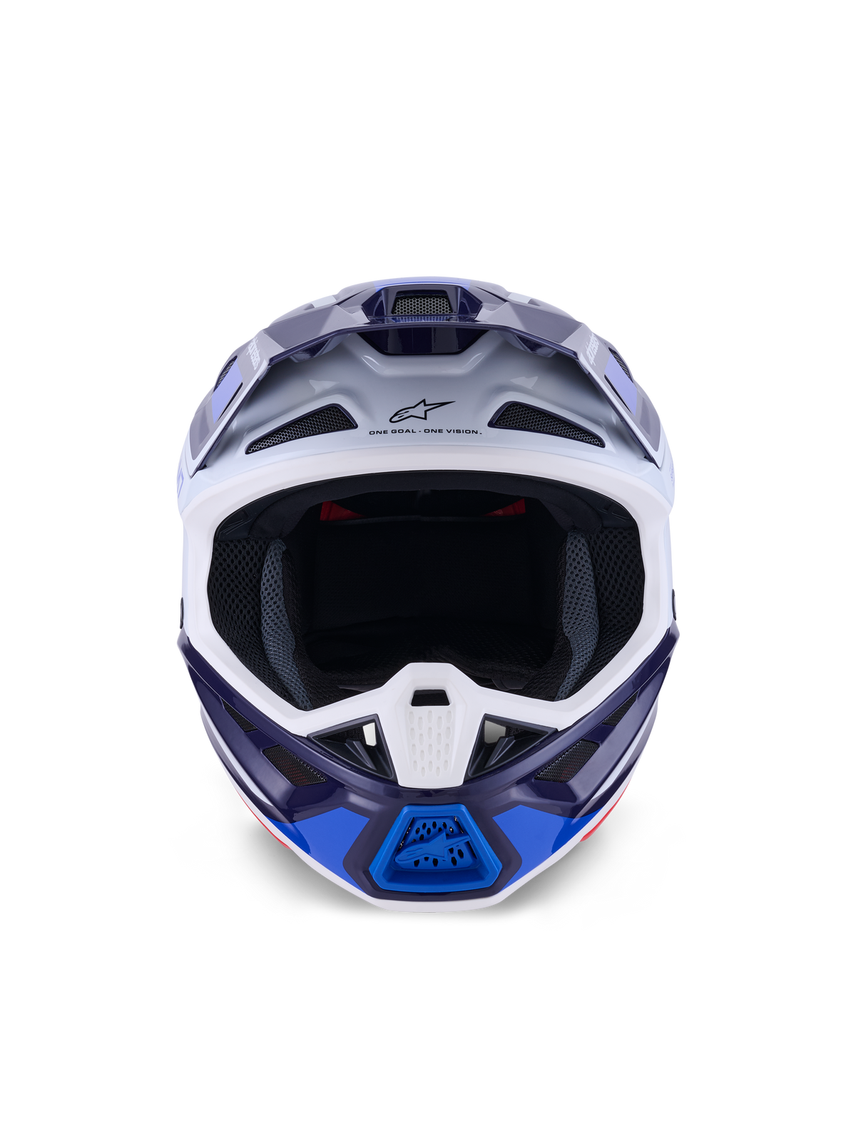 Casco Alpinestars S-M7 Rise, Blue White Glossy, vista frontale, casco da motocross off-road con numerose porte di ventilazione, logo Alpinestars sulla fronte, design aerodinamico della calotta in materiale composito