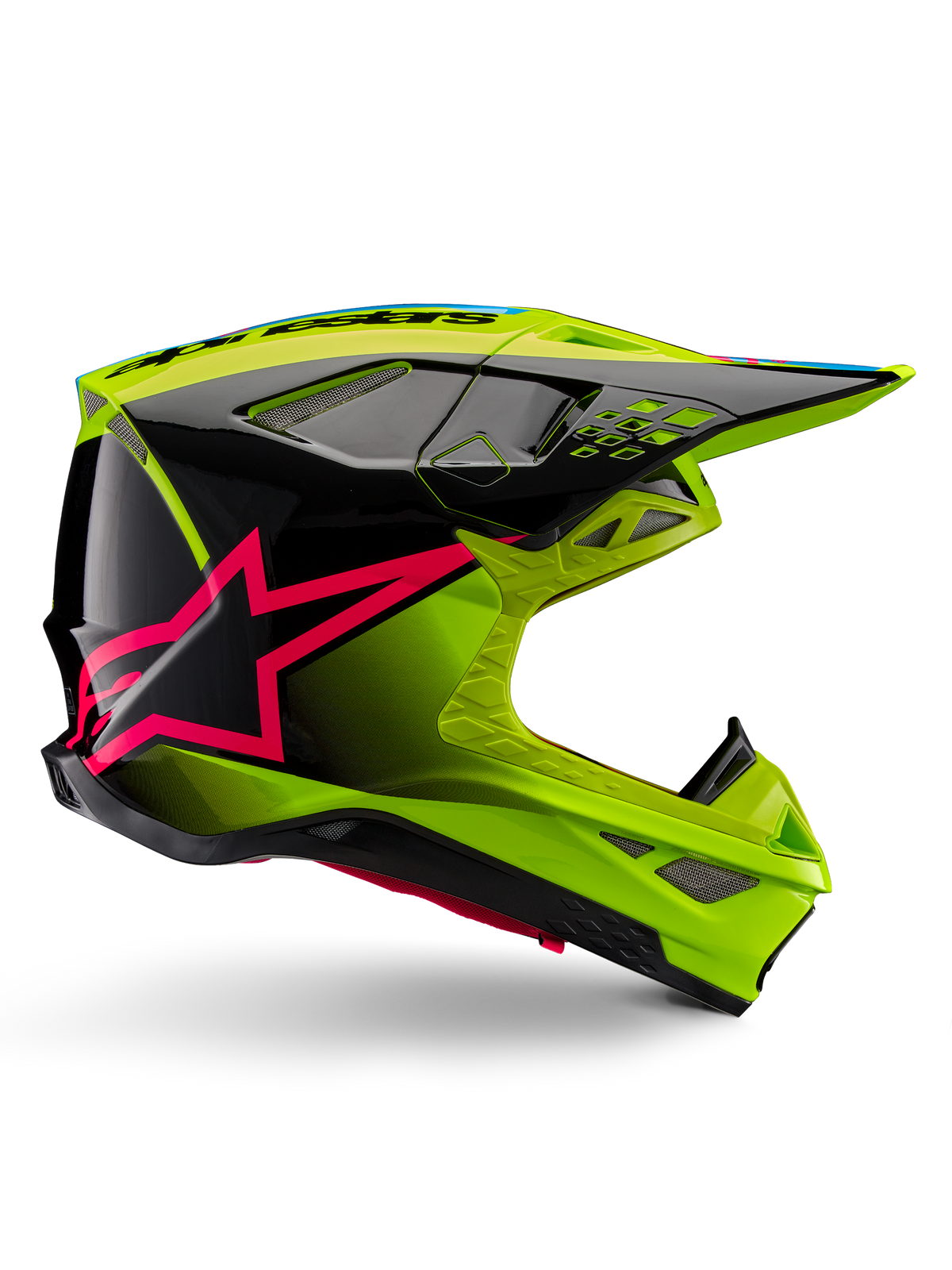 Casco Alpinestars Supertech M10 Unite, casco da motocross, giallo fluo e nero con grafiche a stella rosa Diva, design aerodinamico lucido con molteplici prese d'aria, certificato ECE 22.06