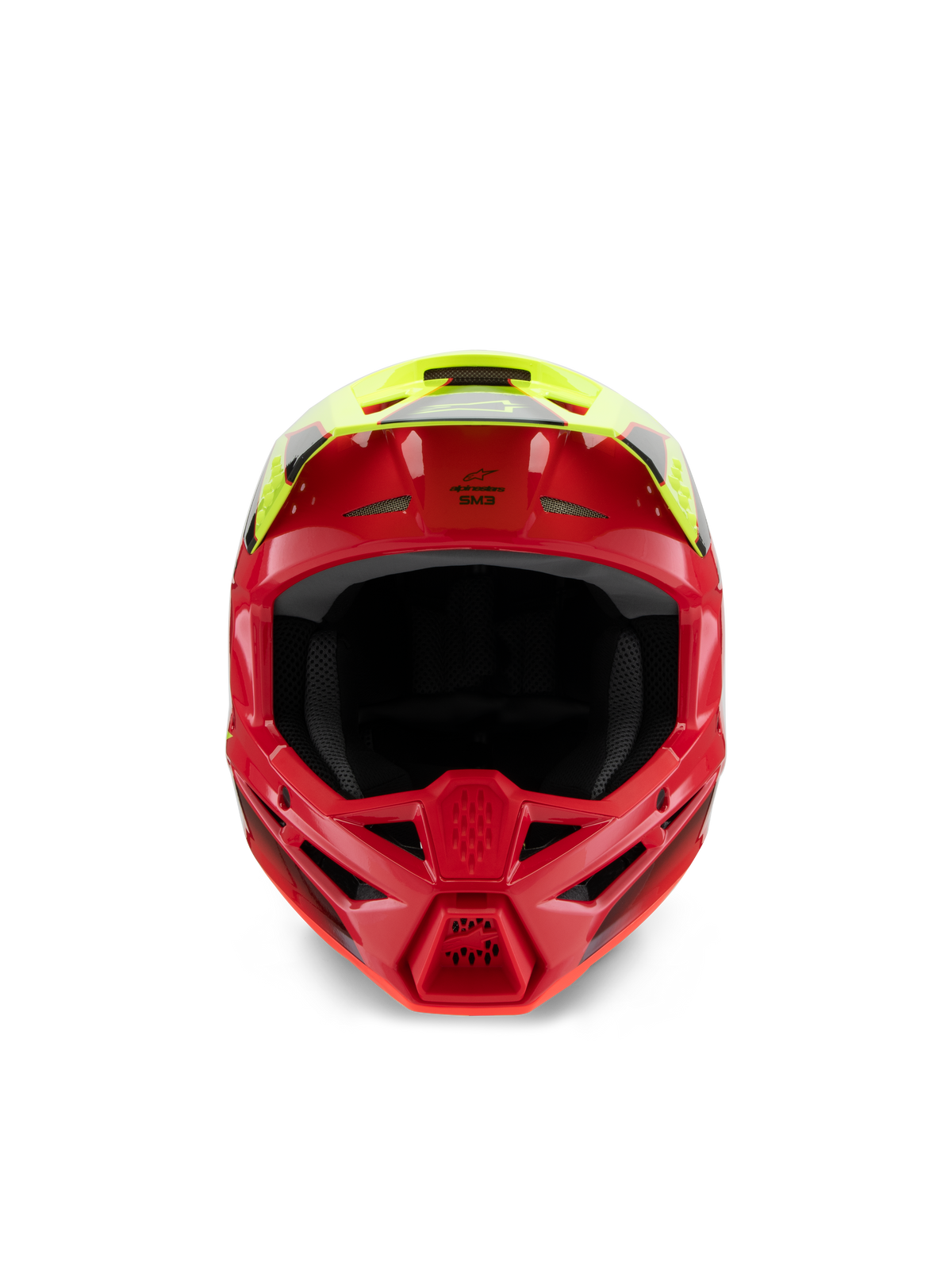 Alpinestars S-M3 Youth Fray Helmet, casco da motocross, rosso e giallo fluo lucido, vista frontale che evidenzia le prese d'aria e la mentoniera aggressiva, protezione specializzata per la testa per giovani piloti off-road