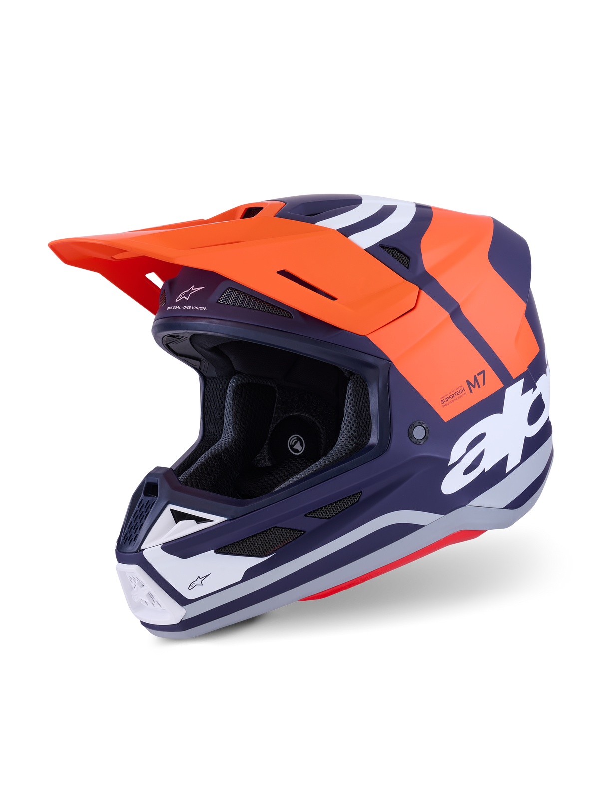 Alpinestars S-M7 Core Helmet ECE 22.06, casco da motocross, arancione e blu navy opaco, con branding bianco, calotta aerodinamica con ventilazione integrata, visiera arancione e costruzione professionale per corse off-road.