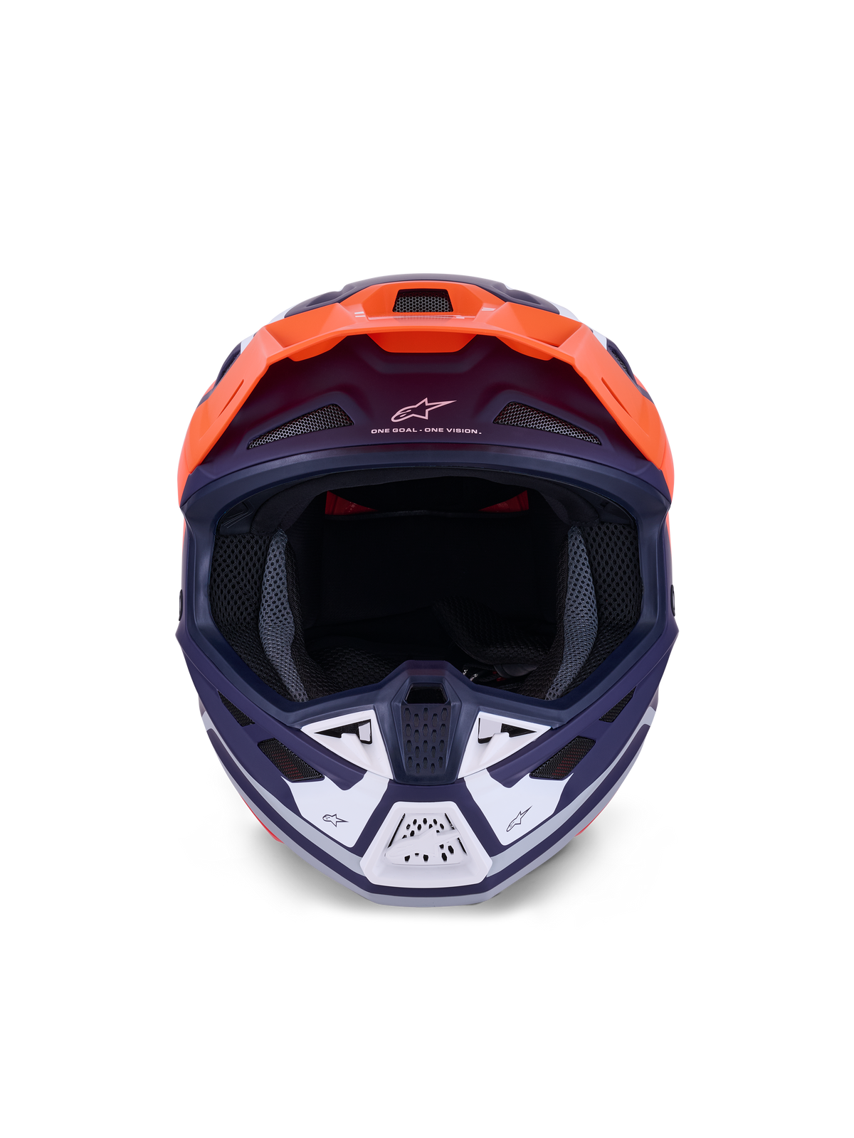 Casco Alpinestars S-M7 Core, casco da motocross, arancione e blu opaco, vista frontale con accenti bianchi sulla mentoniera, con branding "One Goal - One Vision", calotta aerodinamica per gare off-road