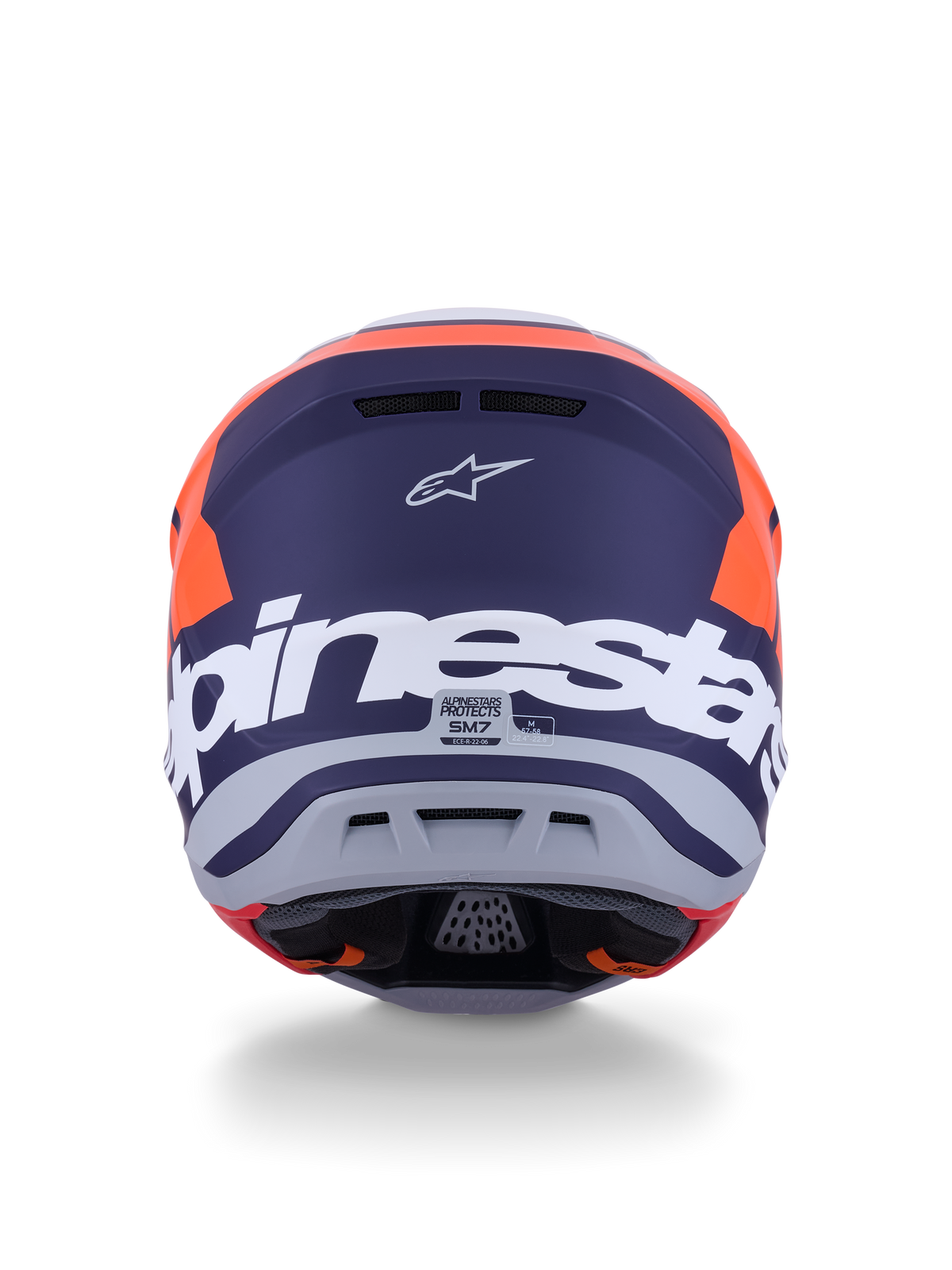 Casco Alpinestars S-M7 Core ECE 22.06, casco da motocross, arancione e blu opaco, vista posteriore con grande marchio Alpinestars bianco e logo Astars, design aerodinamico con porte di scarico integrate, protezione off-road professionale