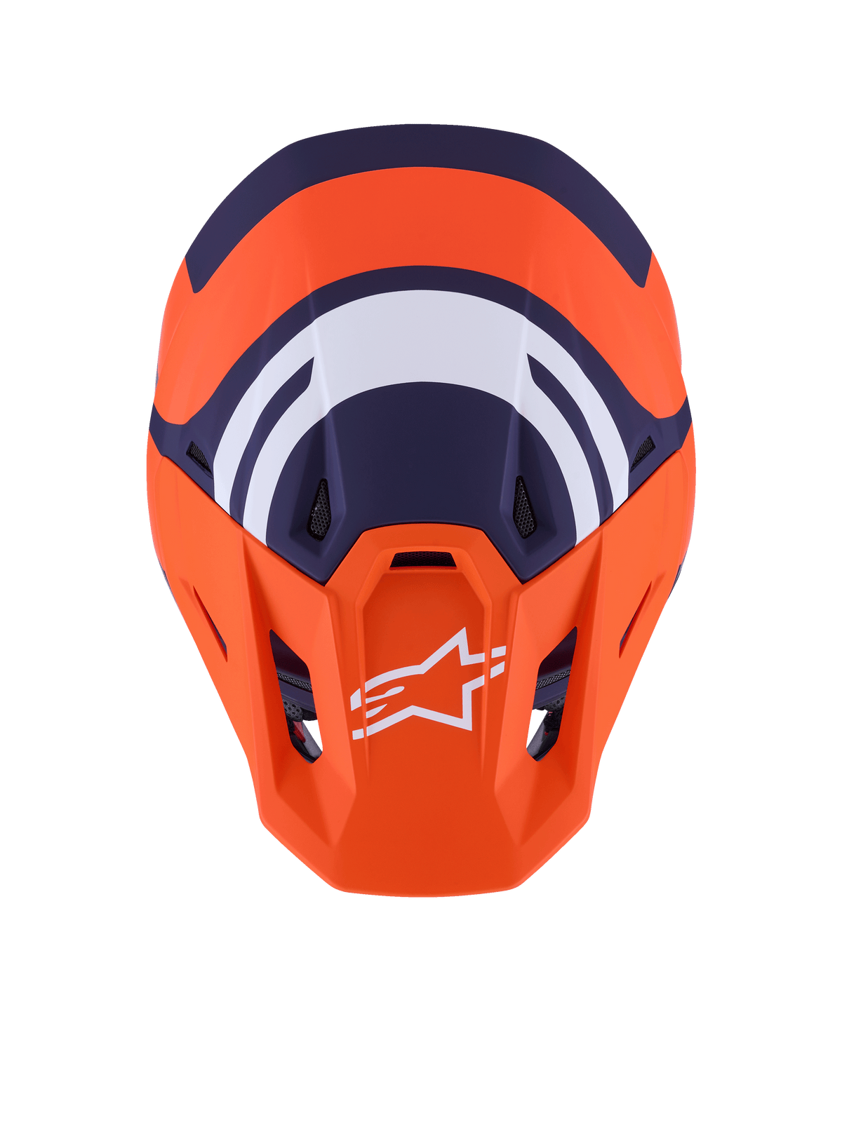 Alpinestars Casco S-M7 Core ECE 22.06, casco da motocross, arancione e blu opaco, vista dall'alto con grafiche geometriche blu navy e bianche, logo Alpinestars bianco sulla visiera arancione, design aerodinamico della calotta per gare off-road