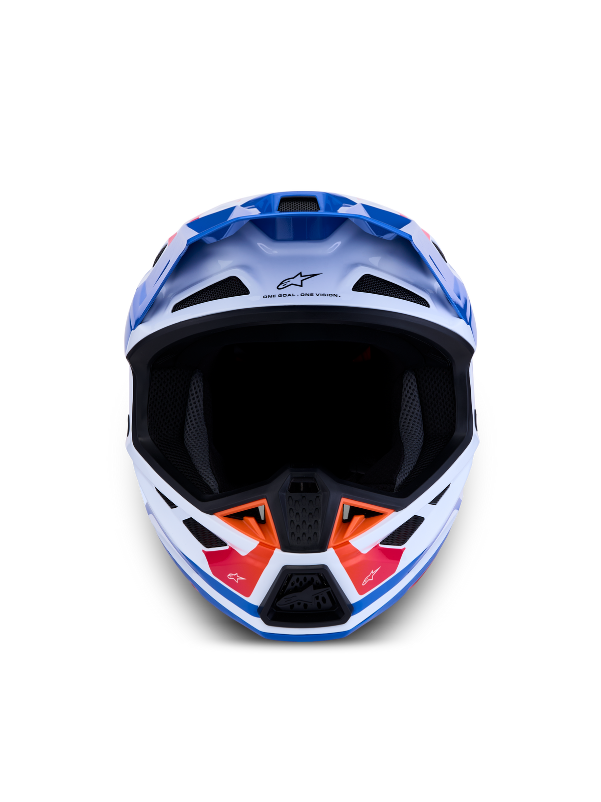 Alpinestars casco S-M7 Core ECE06, casco da motocross bianco e blu con dettagli arancione, vista frontale, prese d'aria avanzate e certificato ECE 22.06