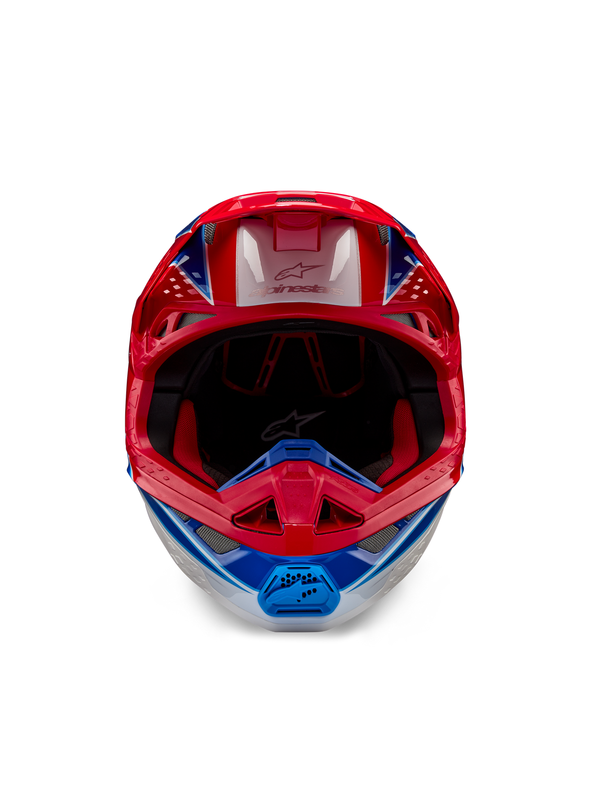 Casco Alpinestars Supertech M10 Aeon ECE 22.06, casco da motocross, rosso e blu lucido, vista frontale con calotta aerodinamica, mentoniera ventilata e imbottitura interna rossa, finitura lucida per gare off-road.