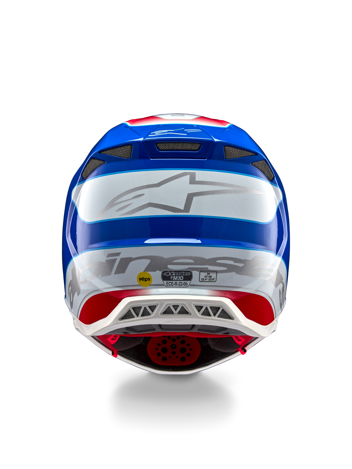 Casco Alpinestars Supertech M10 Aeon ECE 22.06, casco da motocross, vista posteriore, finitura lucida rosso acceso e blu, grande logo Alpinestars argento, molteplici prese d'aria, adesivi di sicurezza MIPS ed ECE, protezione professionale per competizioni