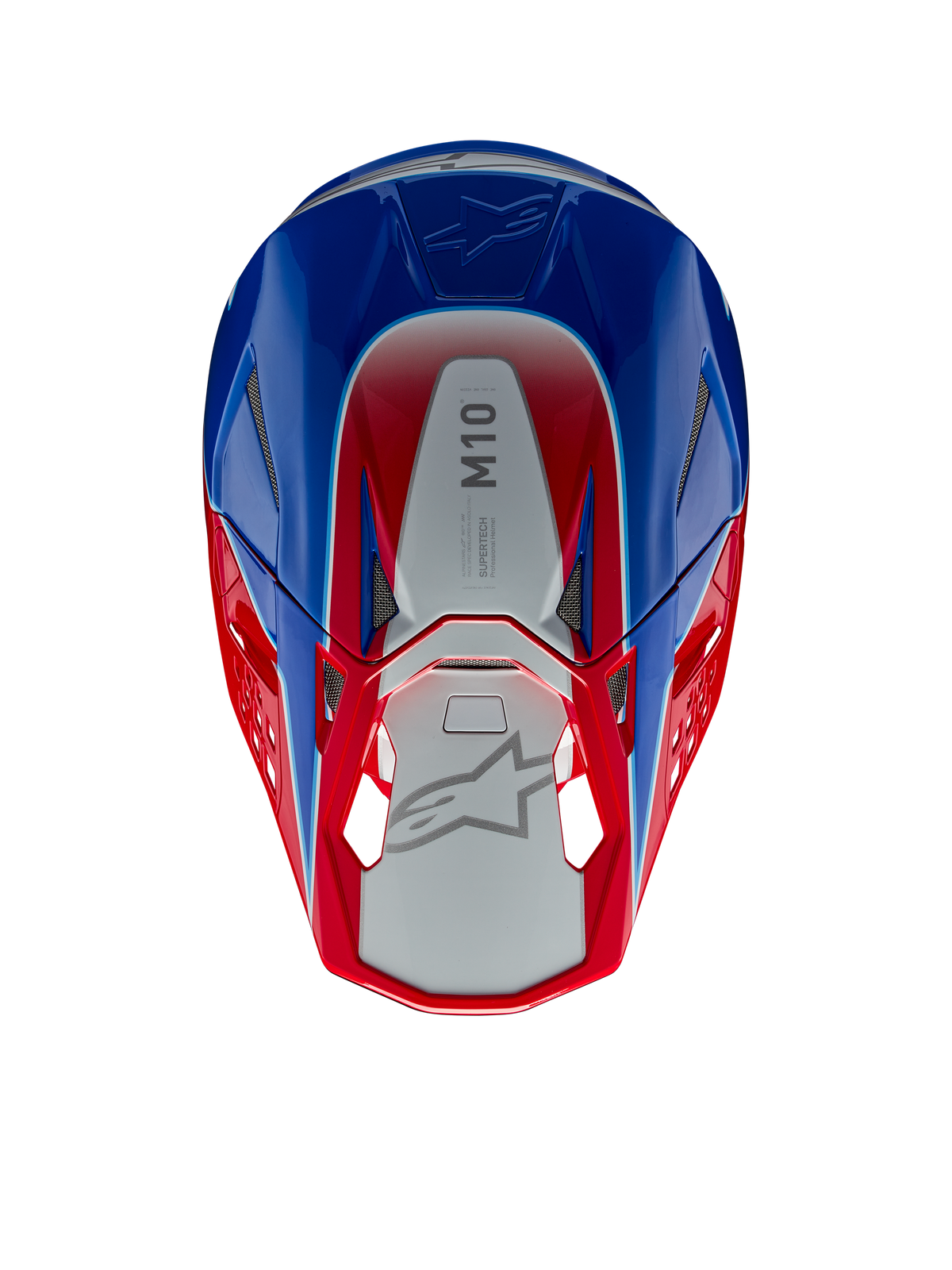 Casco Alpinestars Supertech M10 Aeon, casco da motocross, rosso e blu lucido, vista dall'alto con pannello centrale argento e marchio M10, calotta aerodinamica con accenti rossi e blu, prese d'aria in rete, protezione per la testa ad alte prestazioni