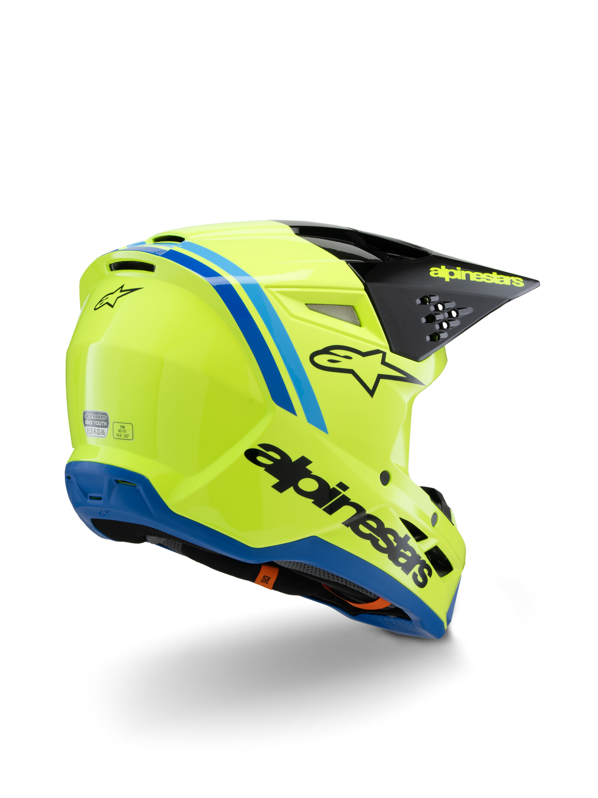 Casco Alpinestars S-M3 Youth Radium ECE 22.06, casco da motocross, giallo fluo con dettagli neri e blu, vista posteriore di tre quarti che mostra la visiera nera con logo giallo e bordo inferiore blu