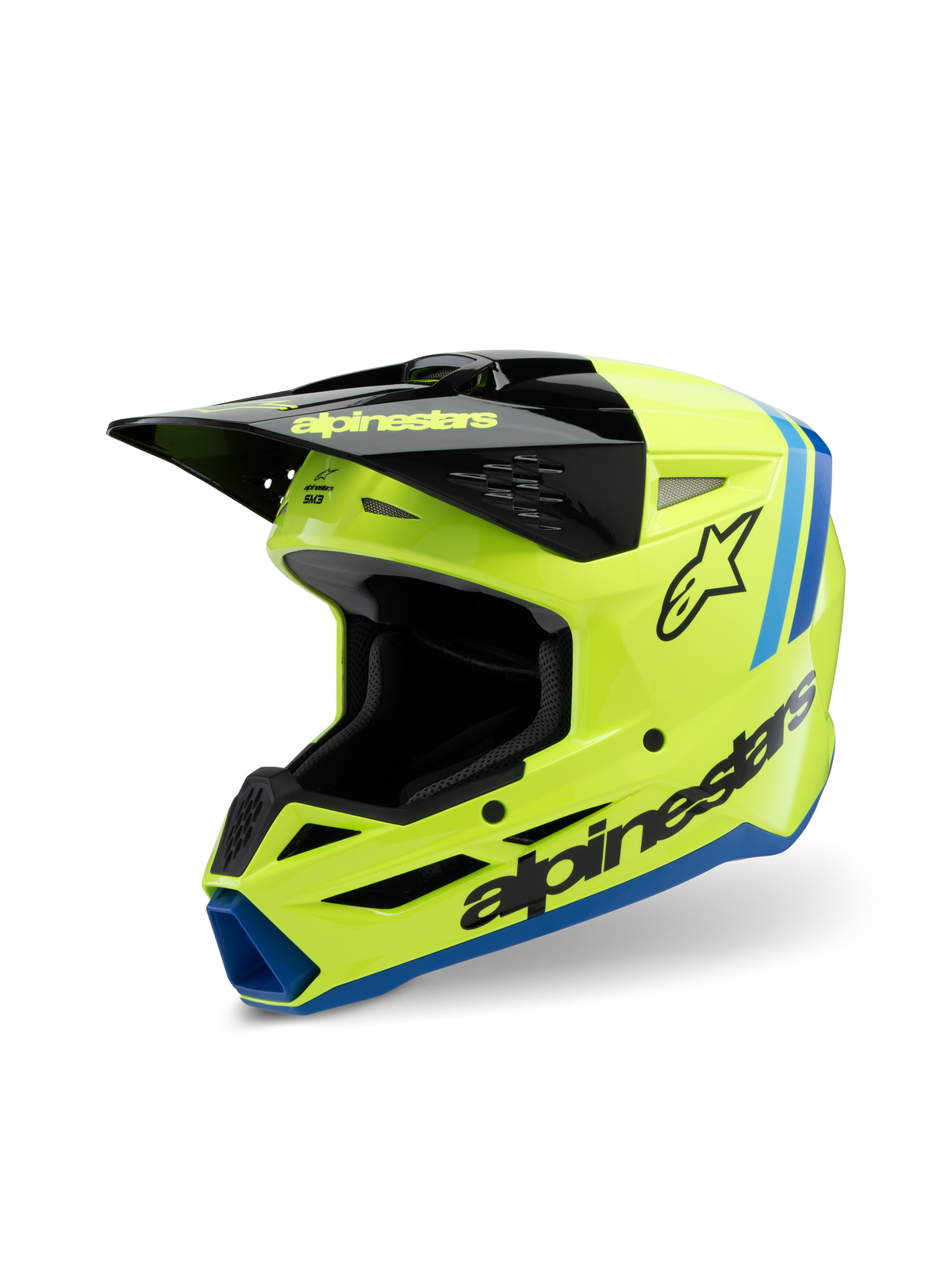Casco Alpinestars S-M3 Youth Radium, casco da motocross, giallo fluo, nero e blu, con visiera nera, logo Alpinestars sul lato, dettagli blu sul bordo, equipaggiamento protettivo ad alte prestazioni per giovani piloti