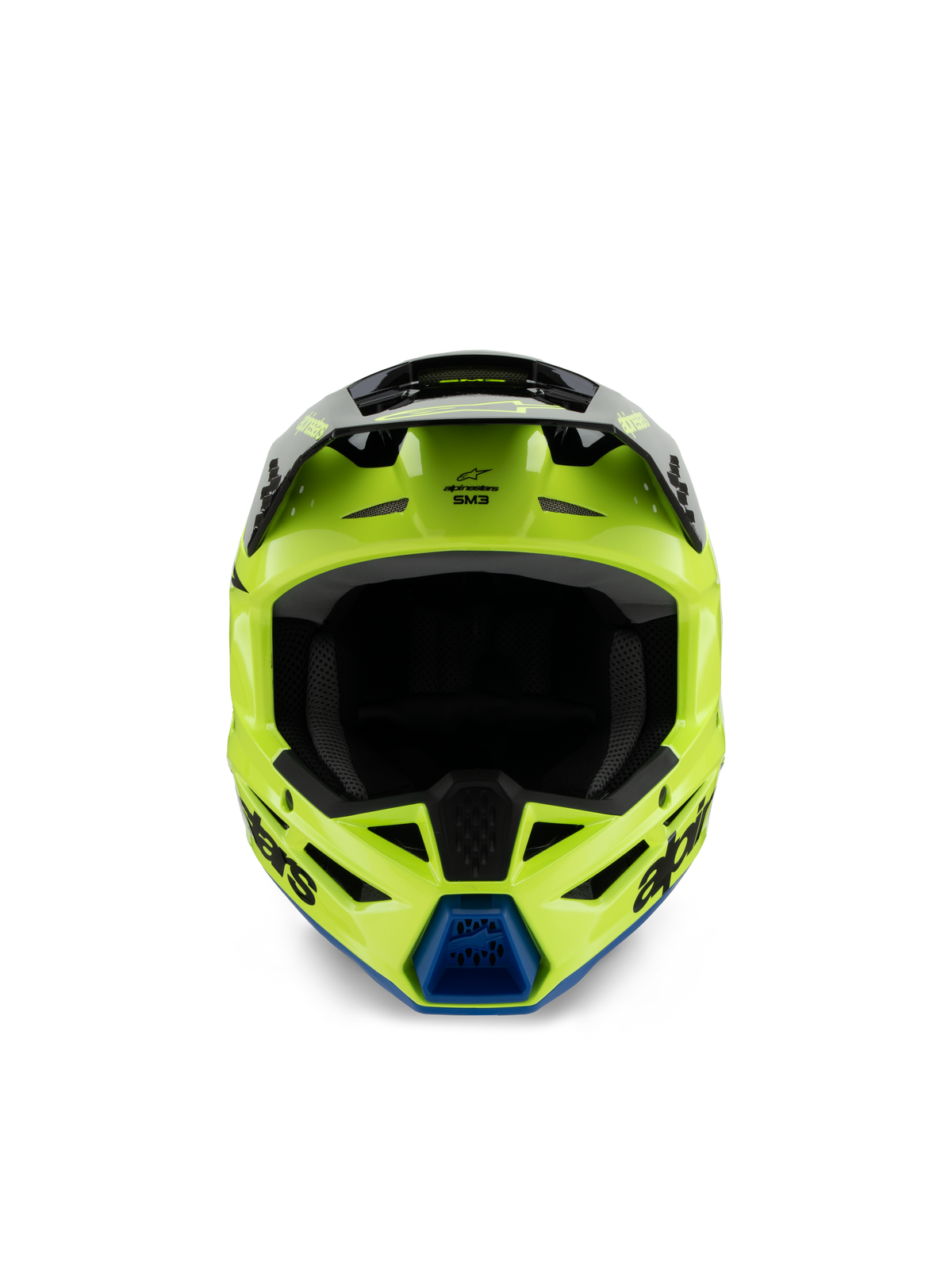 Casco Alpinestars S-M3 Youth Radium, casco da motocross, giallo fluo, nero e blu, vista frontale con visiera nera e presa d'aria blu sul mento, marchio Alpinestars in evidenza, profilo aerodinamico per corse off-road per ragazzi