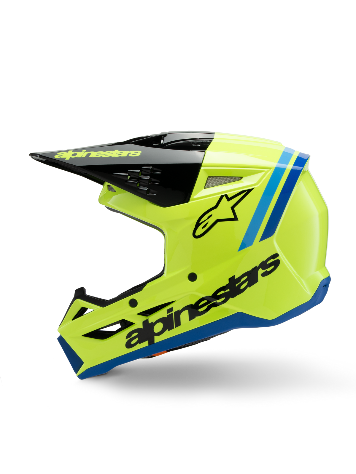 Alpinestars S-M3 Youth Radium Helmet, casco da motocross, giallo fluorescente con accenti blu e neri, logo Alpinestars in evidenza, profilo aerodinamico per corse fuoristrada per ragazzi