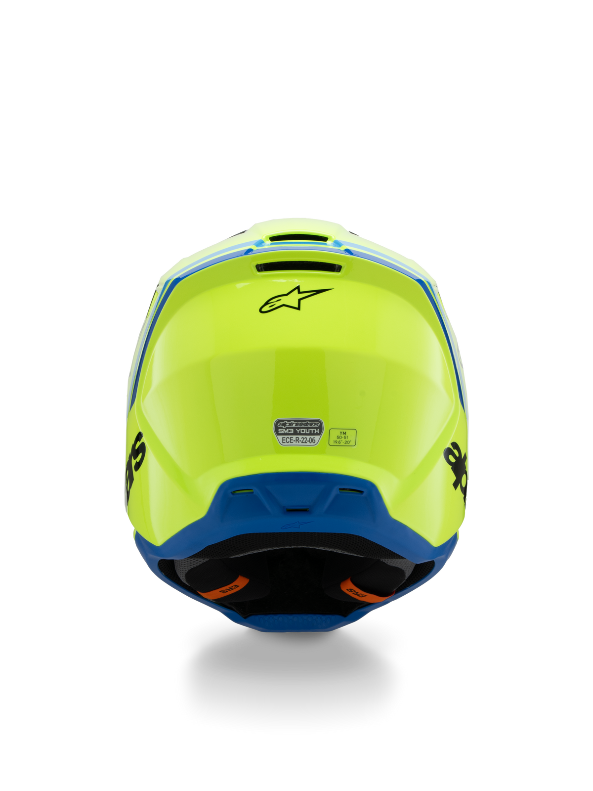 Alpinestars S-M3 Youth Radium Helmet ECE 22.06, casco da motocross, giallo fluo e blu, vista posteriore con logo Alpinestars nero e adesivo di certificazione ECE, design aerodinamico della calotta per gare off-road per ragazzi