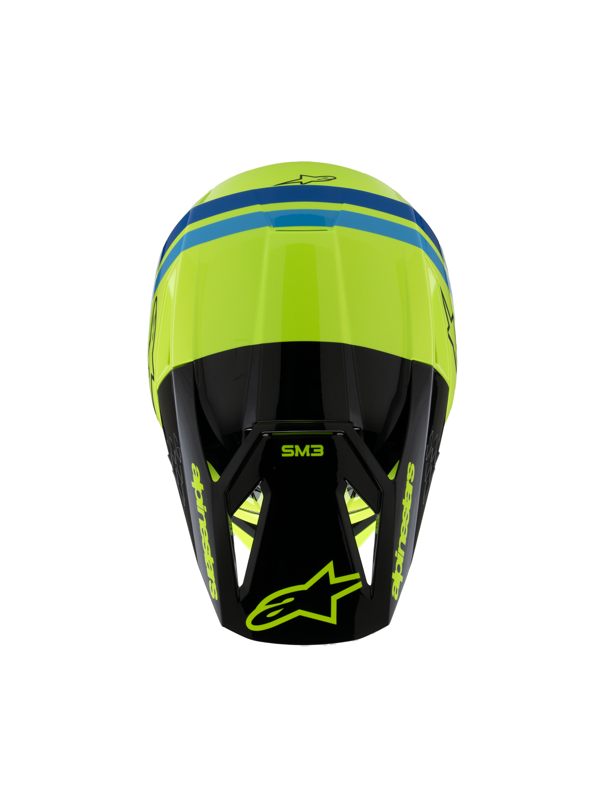 Alpinestars S-M3 Youth Radium Helmet ECE 22.06, casco da motocross, giallo fluo, nero e blu, vista dall'alto che mostra la calotta aerodinamica, marchio SM3 sulla visiera nera e loghi Alpinestars in evidenza
