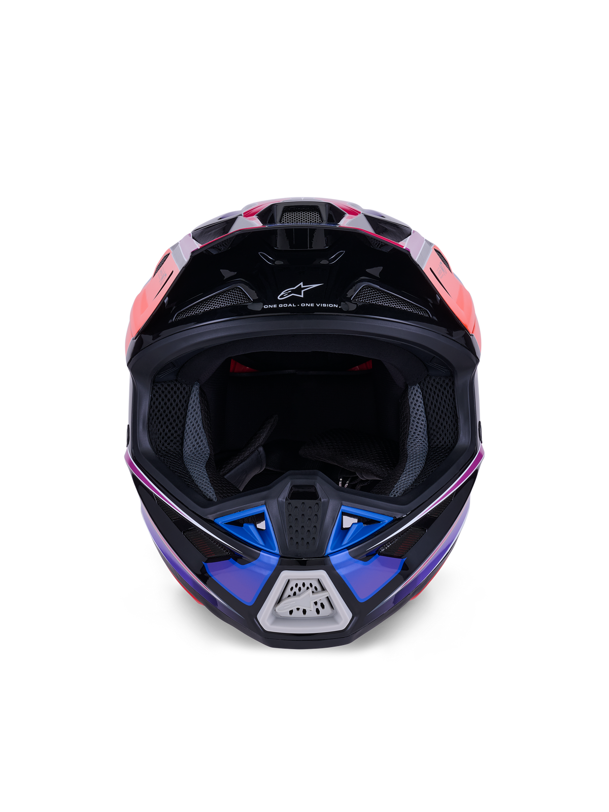 Alpinestars S-M7 Fuse Helmet, casco da motocross, blu, viola e rosa lucido, vista frontale che mostra l'apertura per la maschera e la mentoniera ventilata, con accenti neri e logo Alpinestars, design aerodinamico da corsa off-road