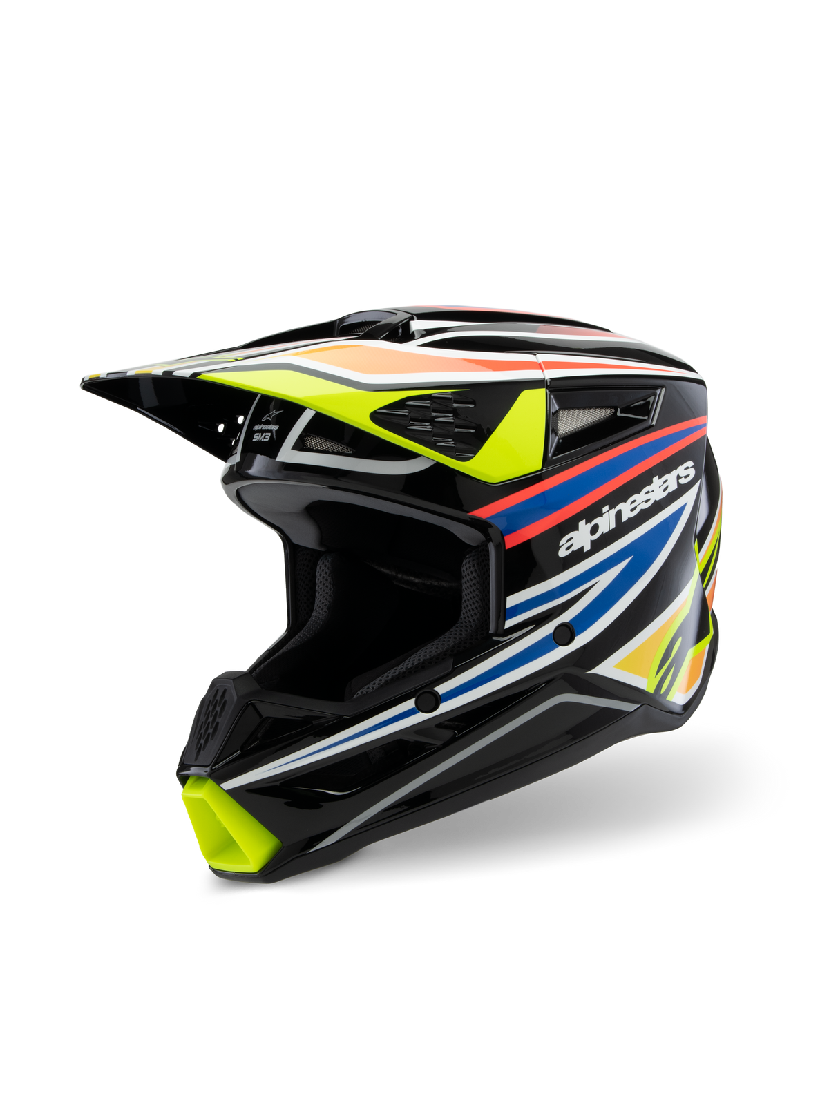 Alpinestars S-M3 Youth Wurx Helmet ECE 22.06, casco da motocross, nero lucido con grafiche racing giallo fluorescente, blu e rosso-arancio, vista a tre quarti che mette in risalto la calotta aerodinamica con molteplici prese d'aria e porte di scarico, equipaggiamento protettivo off-road per giovani piloti