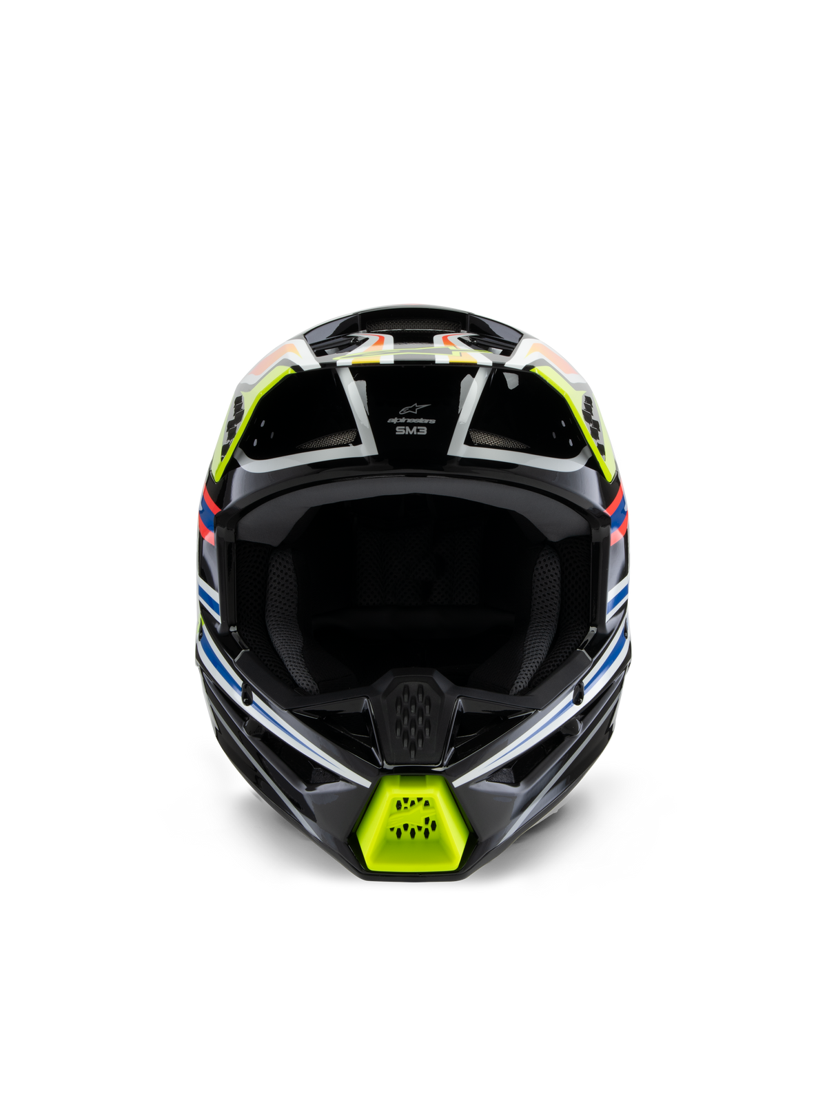 Casco Alpinestars S-M3 Youth Wurx, vista frontale, nero con dettagli giallo fluo, blu e rossi, protezione motocross per ragazzi, caratterizzato da una base nera con vivaci grafiche geometriche, porte di ventilazione integrate e mentoniera gialla, stile racing fuoristrada