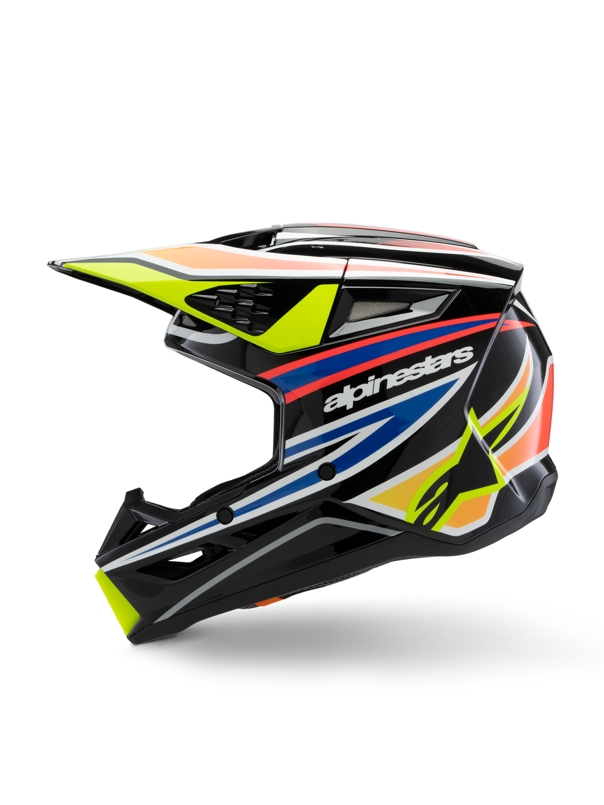 Casco Alpinestars S-M3 Youth Wurx, casco da motocross, nero con grafiche vivaci in giallo, blu e rosso, vista laterale con logo Alpinestars in evidenza, calotta aerodinamica con diverse prese d'aria e frontino giallo.