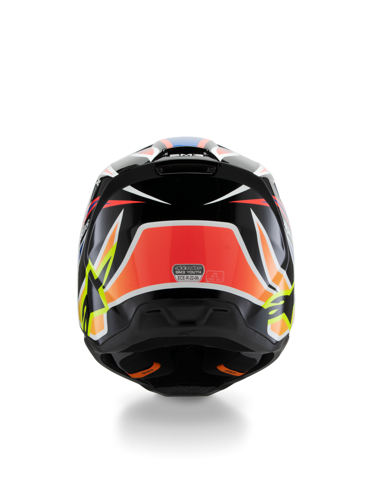 Alpinestars S-M3 Youth Wurx Helmet ECE 22.06, casco da motocross, vista posteriore, nero con grafiche rosse, giallo fluorescente e blu, con motivi angolari audaci, loghi a stella e adesivo di certificazione ECE 22.06, progettato per le corse fuoristrada dei giovani