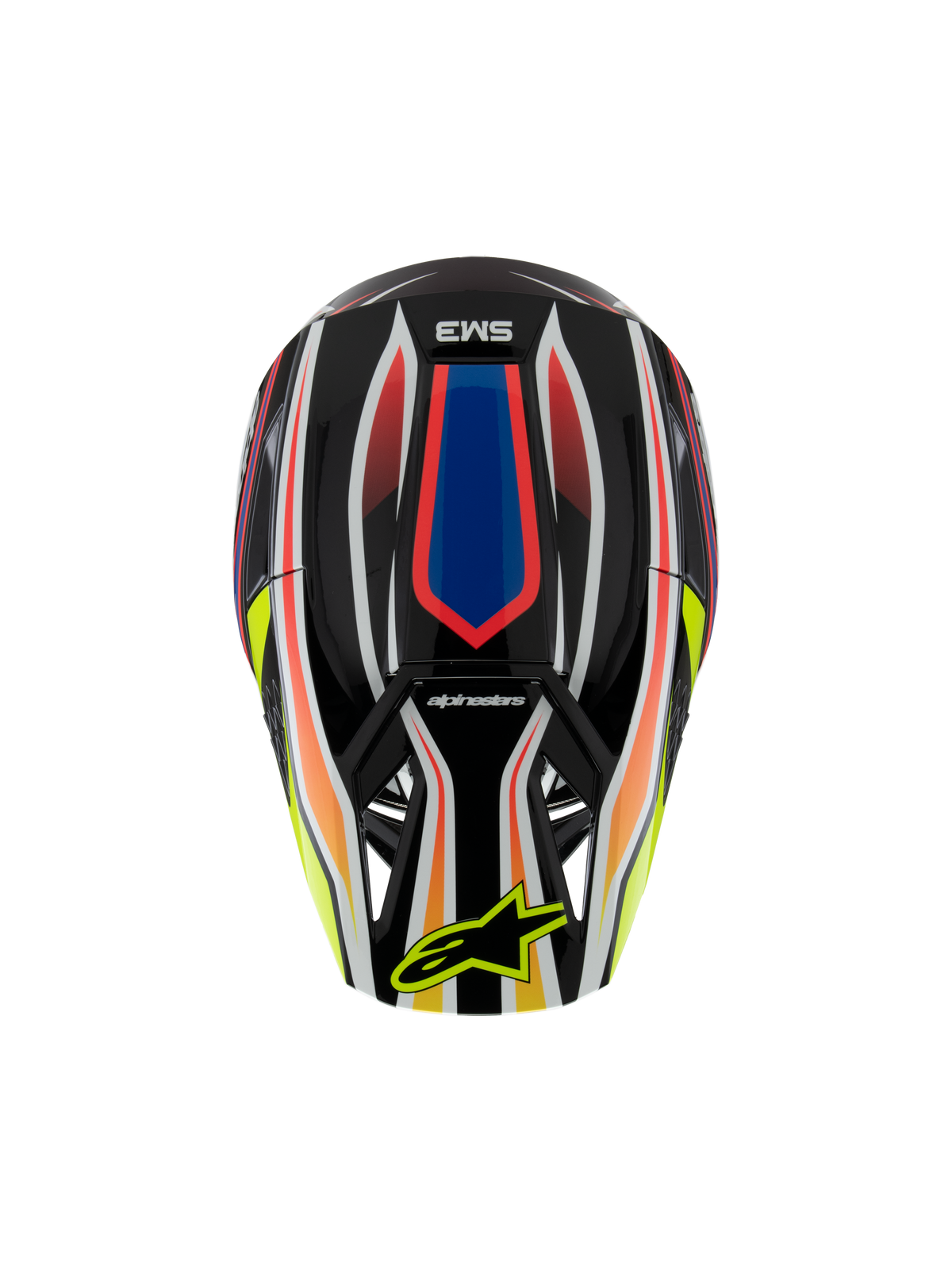 Alpinestars Casco S-M3 Youth Wurx ECE 22.06, casco da motocross, nero con grafiche vivaci rosse, blu e gialle, vista dall'alto con logo SM3 e logo Alpinestars giallo sulla visiera, equipaggiamento protettivo per fuoristrada