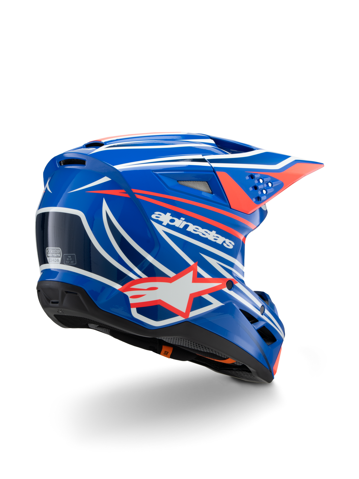 Casco Alpinestars S-M3 Youth Wurx, casco da motocross, blu lucido con grafiche rosse, bianche e nere, vista posteriore di tre quarti che mostra la calotta aerodinamica, prese d'aria e logo Alpinestars in evidenza, protezione per la testa per gare fuoristrada