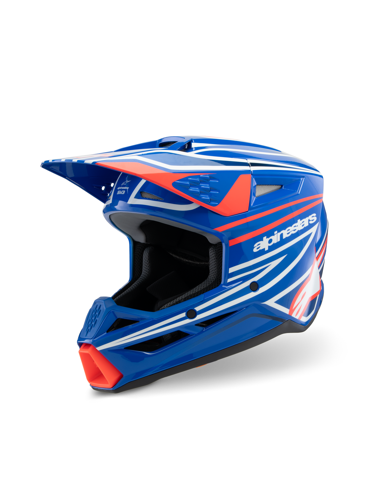 Casco Alpinestars S-M3 Youth Wurx, casco da motocross, blu lucido con grafiche rosse e bianche, design aerodinamico con visiera prominente e numerose aperture di ventilazione, progettato per le corse MX e il fuoristrada per ragazzi