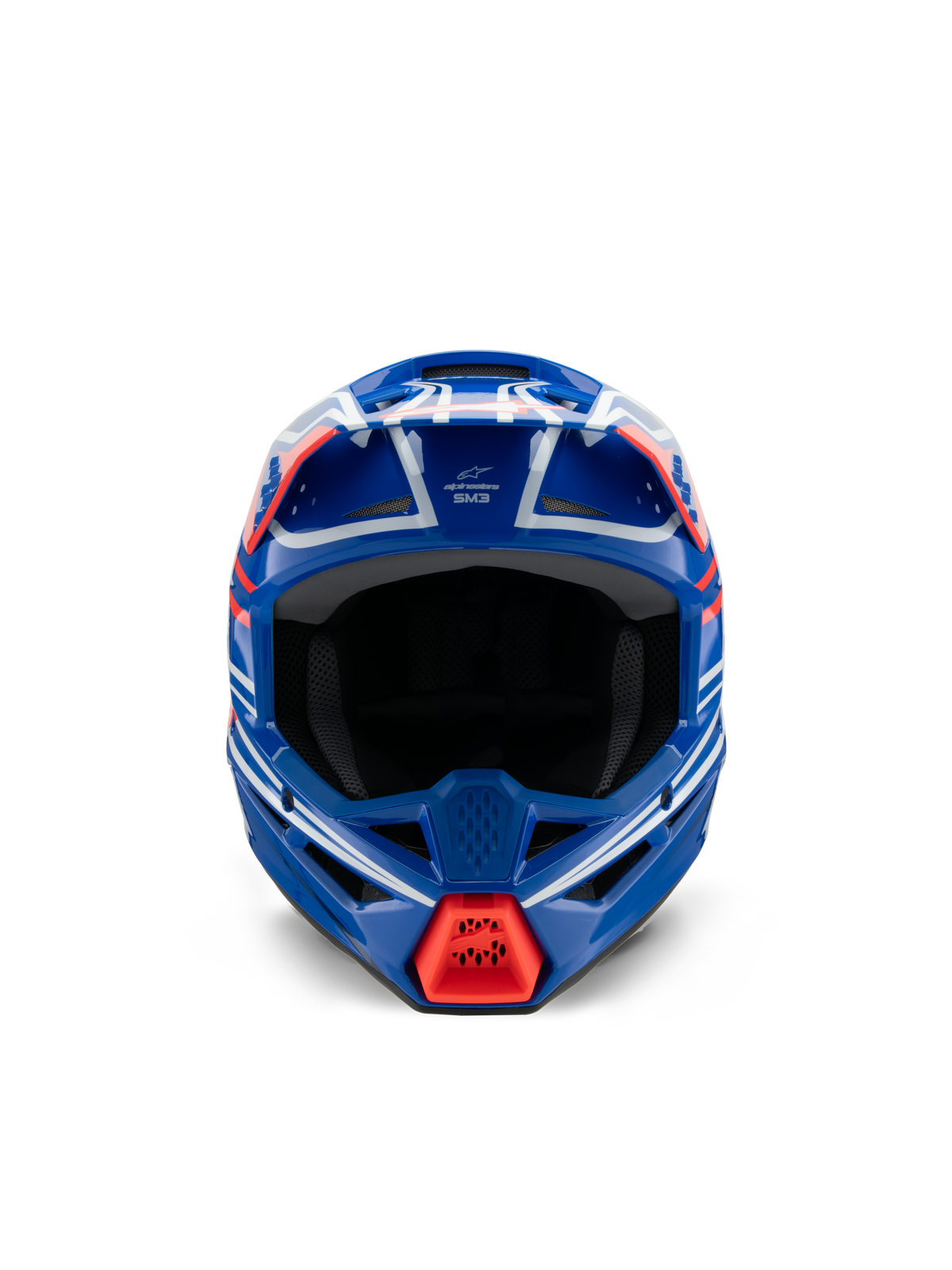 Casco Alpinestars S-M3 Youth Wurx ECE 22.06, casco da motocross, blu, rosso, bianco e nero lucido, vista frontale con calotta aerodinamica, aperture di ventilazione e presa d'aria rossa sulla mentoniera, per competizioni off-road giovanili
