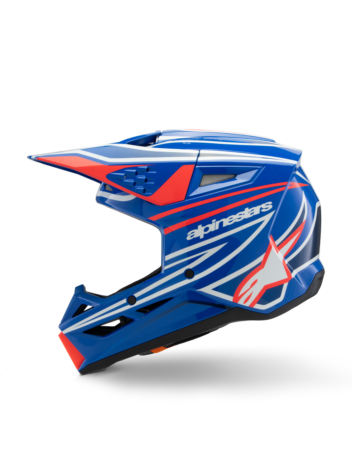 Casco Alpinestars S-M3 Youth Wurx, casco da motocross, blu rosso bianco e nero lucido, caratterizzato da grafiche vivaci con logo Alpinestars e stella, vista laterale con prese d'aria aerodinamiche e visiera integrata, equipaggiamento da gara fuoristrada