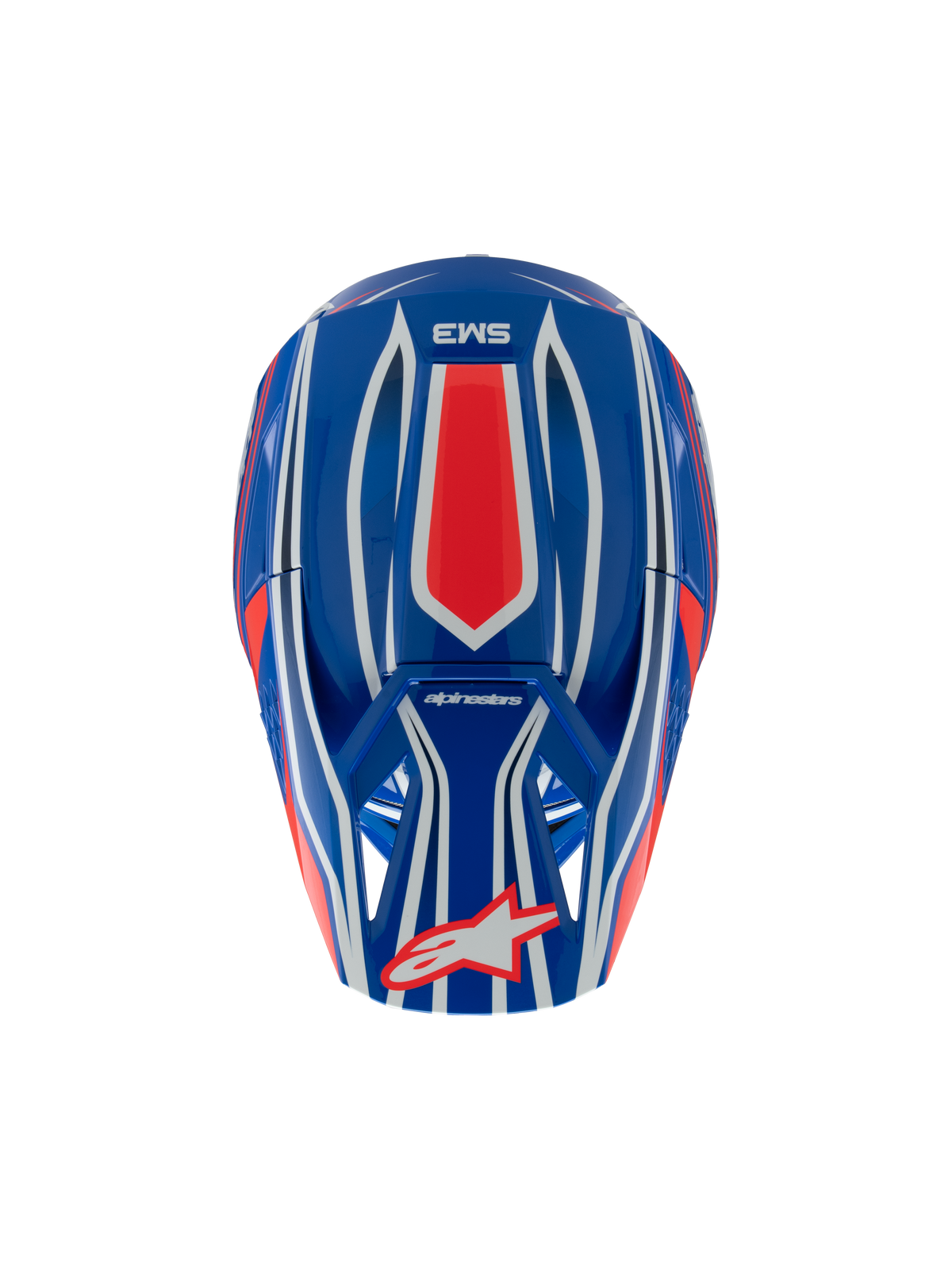 Casco Alpinestars S-M3 Youth Wurx, casco da motocross, blu, rosso, bianco e nero lucido, vista dall'alto che mostra motivi grafici rossi e bianchi, logo Alpinestars sulla visiera, protezione per la testa specializzata per il fuoristrada per ragazzi.