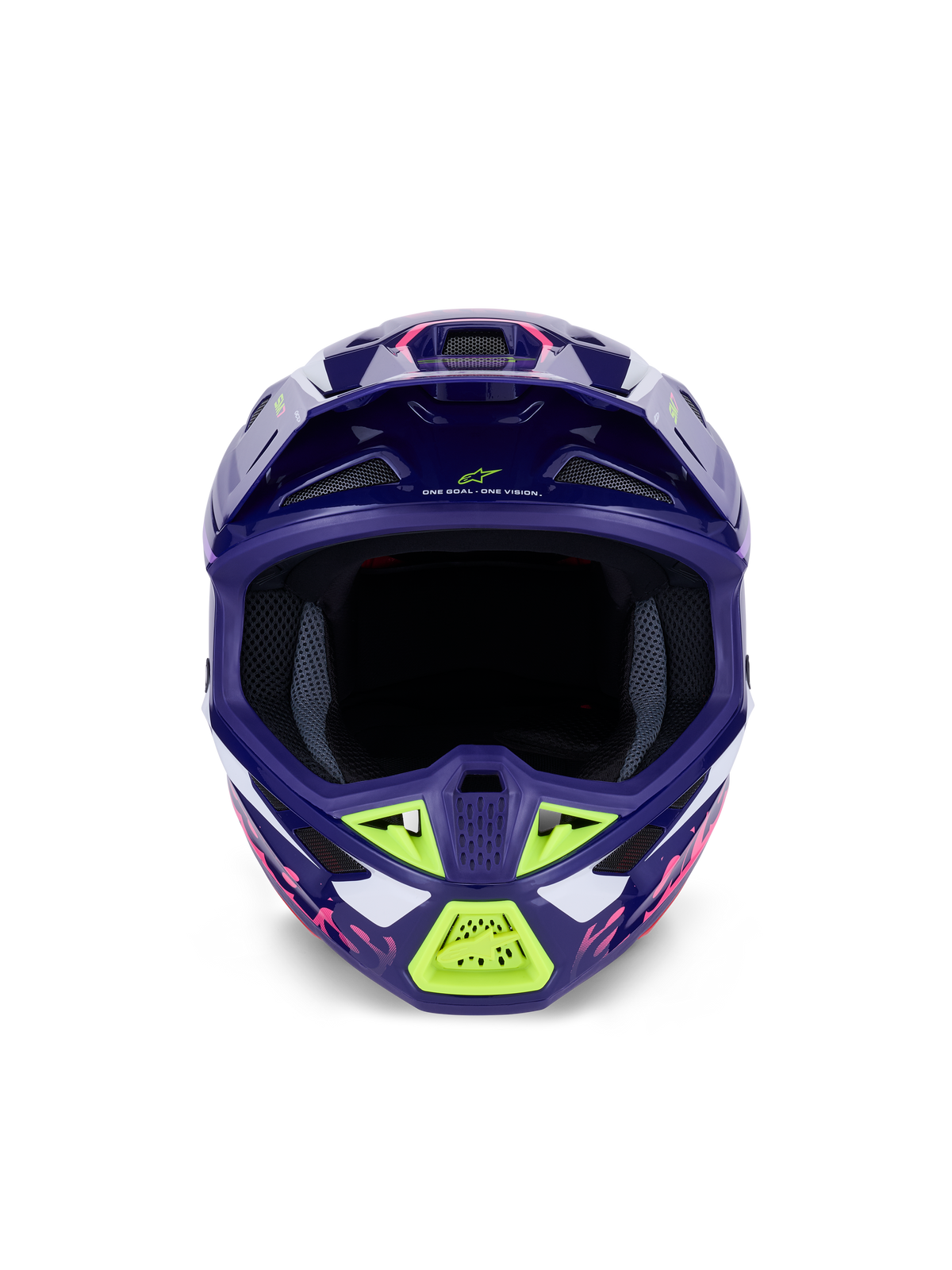 Casco Alpinestars S-M7 Deed ECE 22.06, casco da motocross, viola rosa lucido con accenti verde lime e bianchi, vista frontale con ampia apertura per la maschera e sistema di ventilazione, design aerodinamico in materiale composito per gare off-road