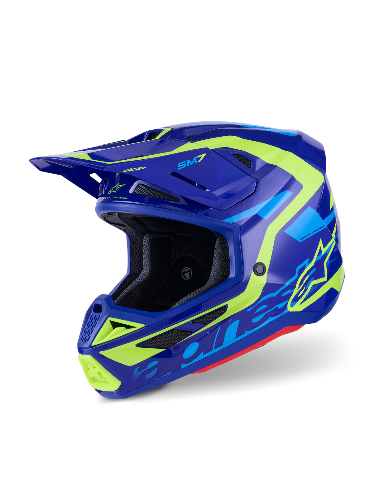 Casco Alpinestars S-M7 Deed, casco da motocross, blu e giallo fluo lucido, design aerodinamico con molteplici prese d'aria, caratterizzato dai loghi Alpinestars e SM7, protezione professionale per gare off-road