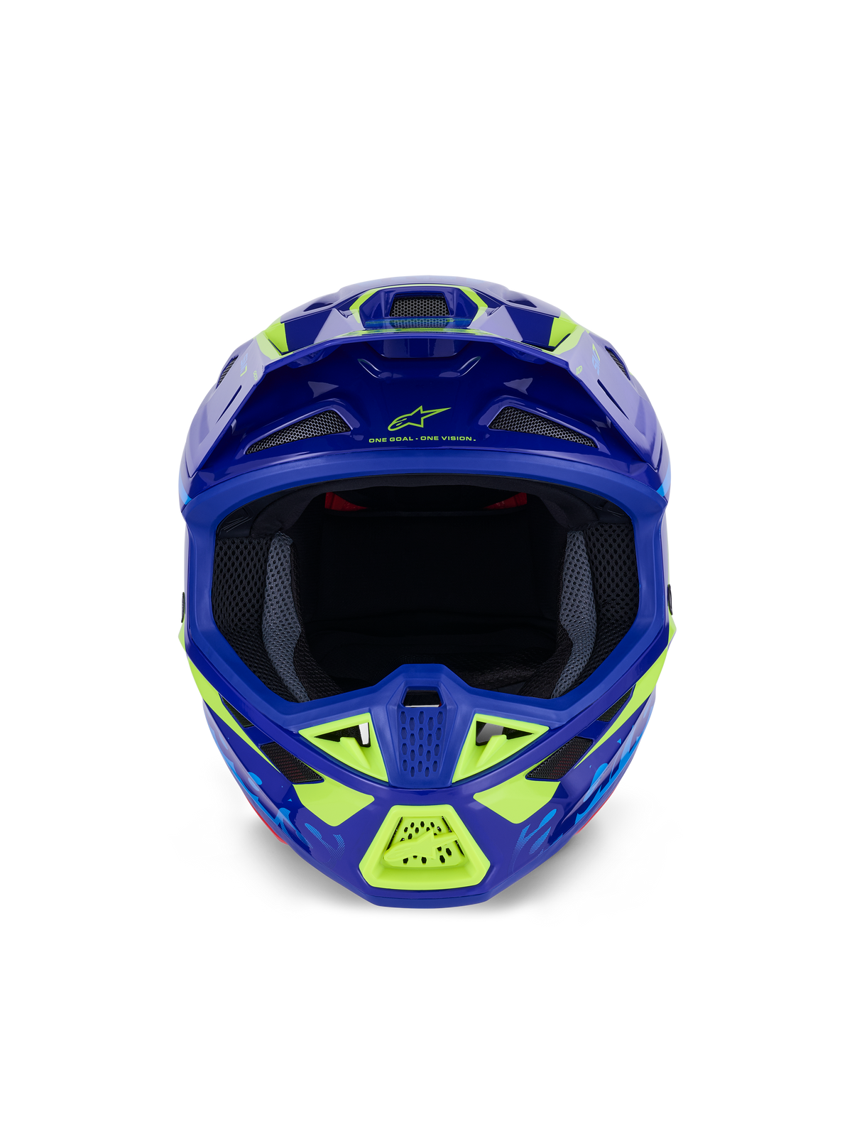 Casco Alpinestars S-M7 Deed, casco da motocross, Blu Giallo Fluo Lucido, vista frontale che mette in risalto l'ampia apertura per la maschera e le diverse prese d'aria protette da rete, calotta aerodinamica con accenti giallo neon e marchio Alpinestars, protezione professionale per la testa per gare off-road