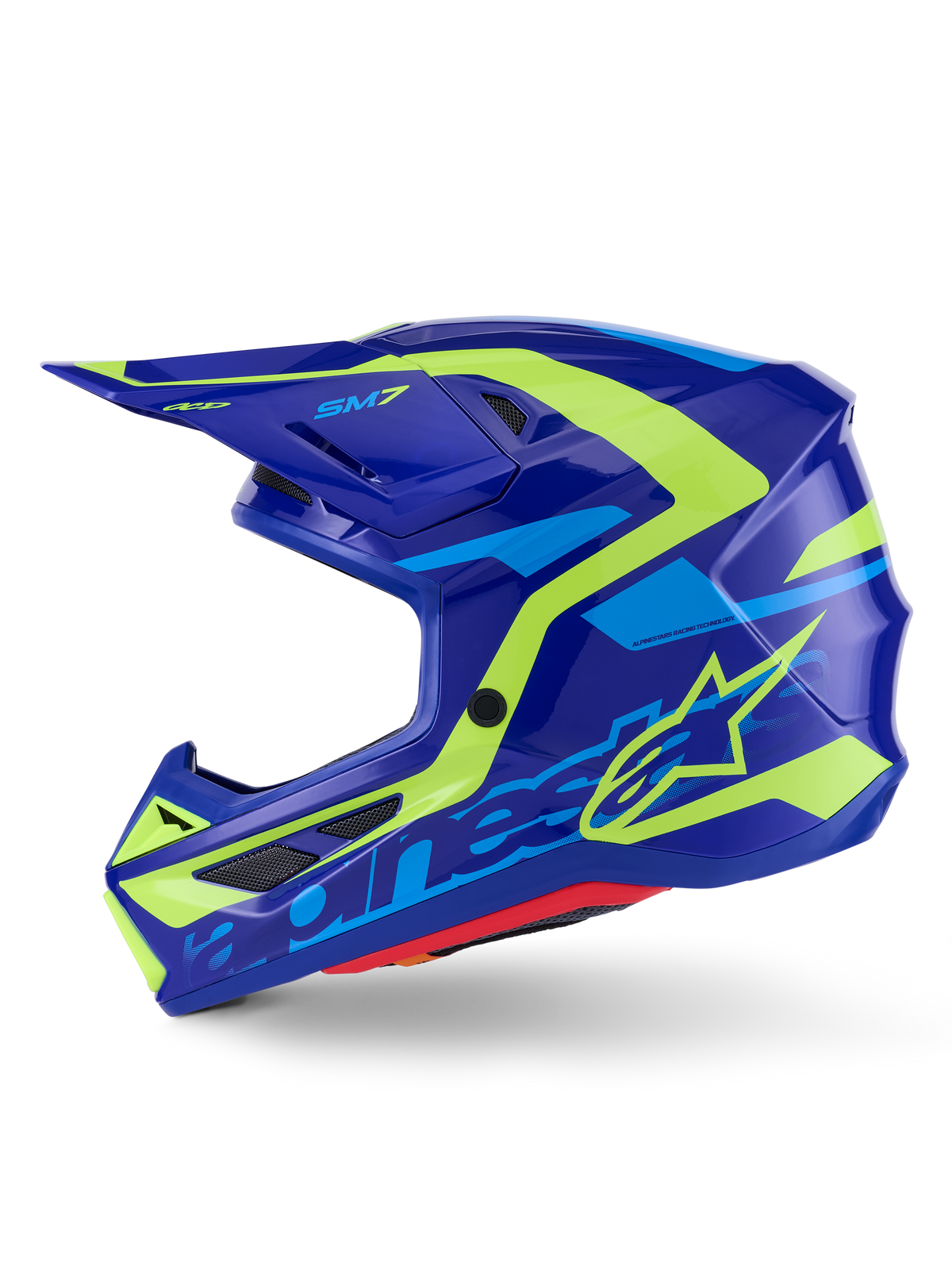 Casco Alpinestars S-M7 Deed, casco da motocross, blu e giallo fluo lucido, vista laterale, calotta aerodinamica in composito con vivaci grafiche gialle e azzurre, dotato di prese d'aria con rete e visiera per prestazioni off-road
