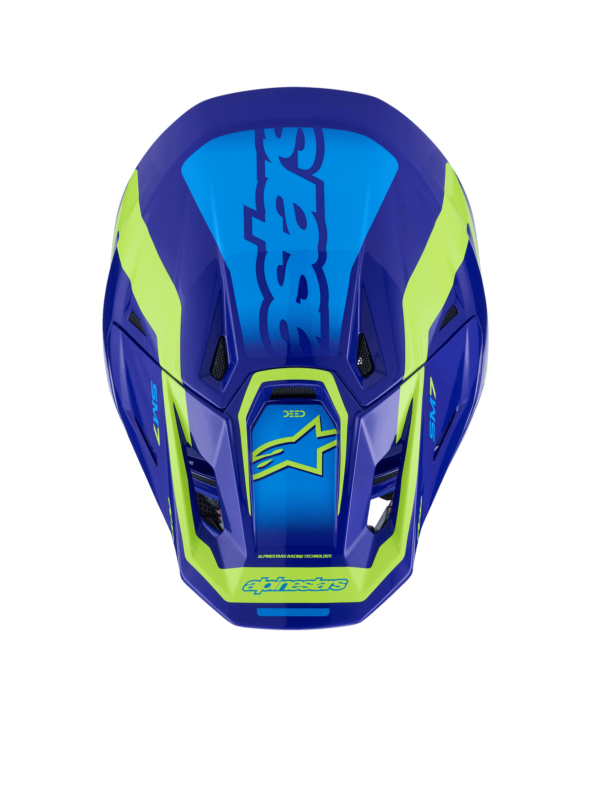 Casco Alpinestars S-M7 Deed, casco da motocross, blu e giallo fluo lucido, vista dall'alto che mostra la calotta aerodinamica, le prese d'aria e il marchio giallo fluo distintivo su una finitura blu intenso.