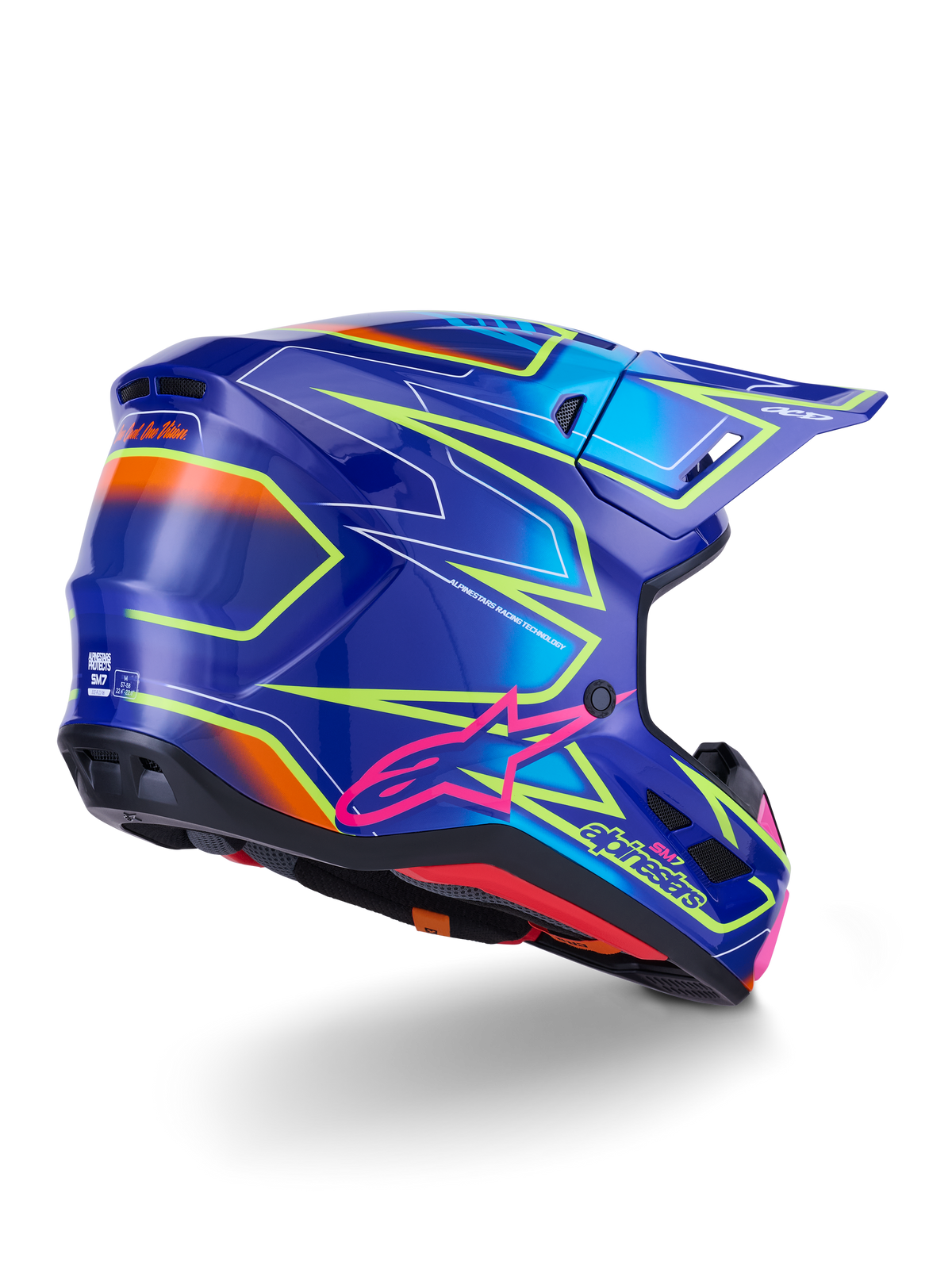 Casco Alpinestars S-M7 Cast, casco da motocross, blu, rosa e giallo fluo lucido, vista posteriore a tre quarti che mostra la calotta aerodinamica con grafiche angolari audaci, logo Astar rosa e porte di ventilazione integrate per corse off-road