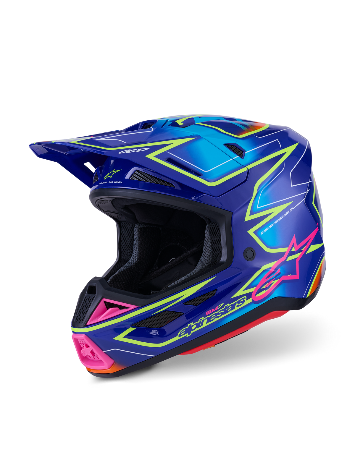 Alpinestars S-M7 Cast Helmet ECE 22.06, casco da motocross, blu, rosa e giallo fluo lucido, vista laterale a tre quarti, calotta aerodinamica con diverse porte di ventilazione, grafica vivace con accenti rosa e contorni giallo neon.