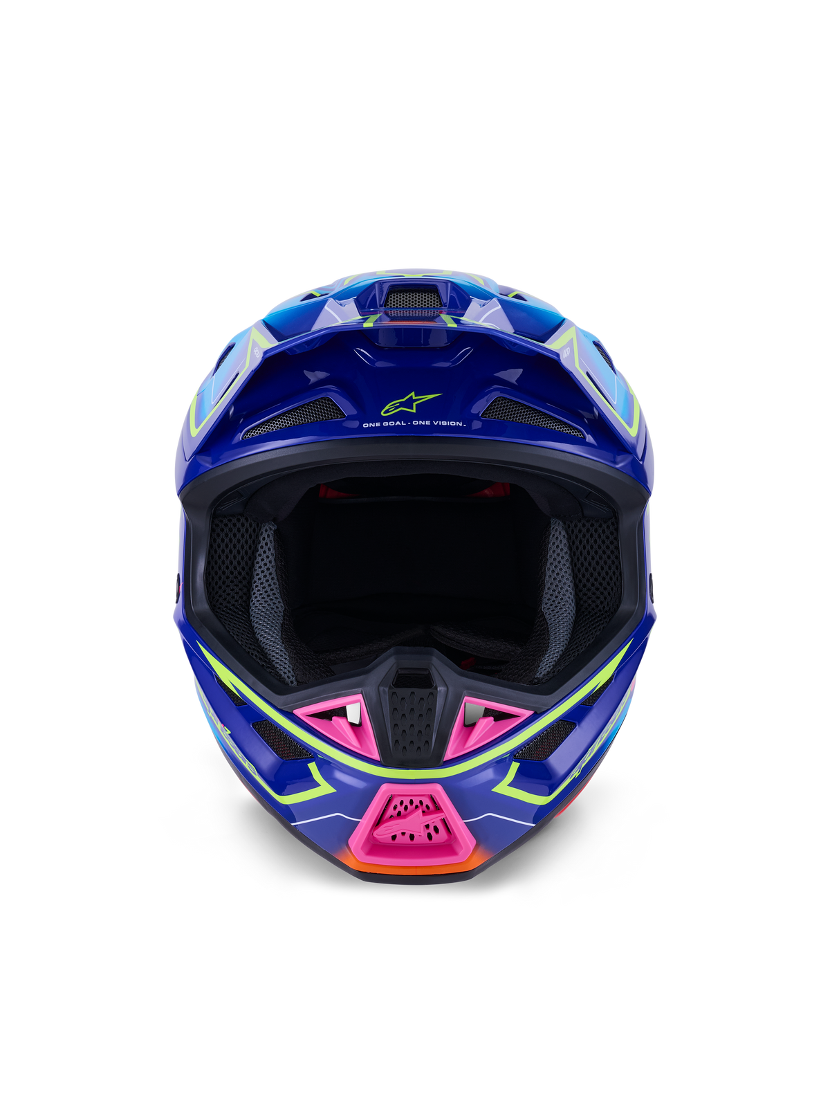 Alpinestars S-M7 Cast Helmet ECE 22.06, casco da motocross, blu, rosa e giallo fluo lucido, vista frontale che mostra la calotta aerodinamica aggressiva, mentoniera ventilata con accenti rosa e ampia apertura per la maschera per gare off-road