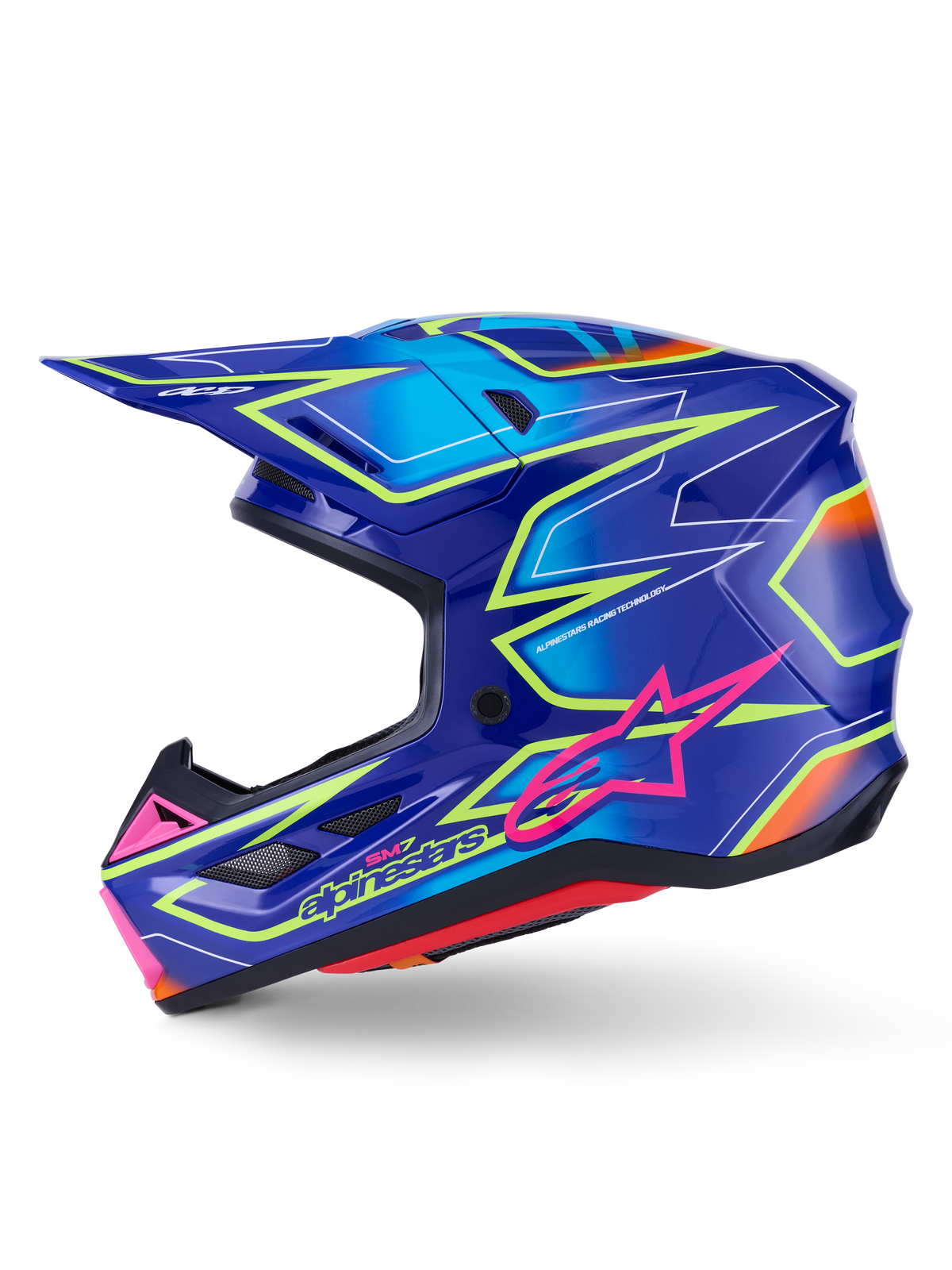 Casco Alpinestars S-M7 Cast, casco da motocross, blu con accenti rosa e giallo fluo lucido, vista di profilo laterale che mostra la calotta aerodinamica in materiale composito, porte di ventilazione integrate, logo a stella rosa e branding giallo, progettato per la protezione nelle competizioni off-road.