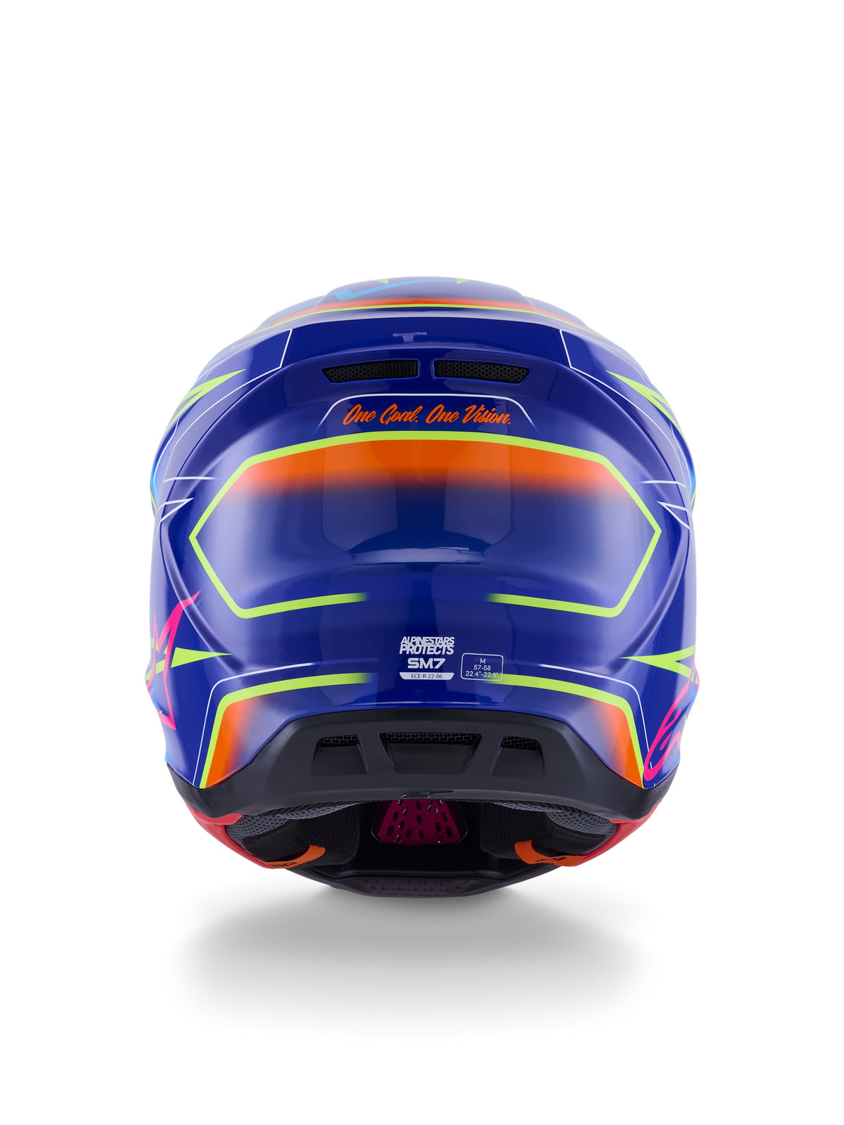 Alpinestars S-M7 Cast Helmet ECE 22.06, casco da motocross, blu, rosa e giallo fluo lucido, vista posteriore con lo slogan 'One Goal. One Vision.', calotta aerodinamica in composito con porte di ventilazione integrate e vivaci accenti neon