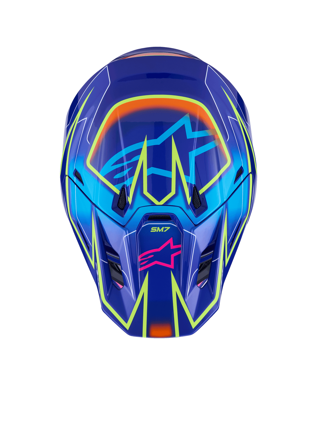 Casco Alpinestars S-M7 Cast, casco da motocross, blu, rosa e giallo fluo lucido, vista frontale caratterizzata da vivaci linee geometriche giallo fluo, logo a stella Alpinestars rosa sulla mentoniera e logo a stella azzurro nell'area della visiera, design della calotta aerodinamico per corse off-road
