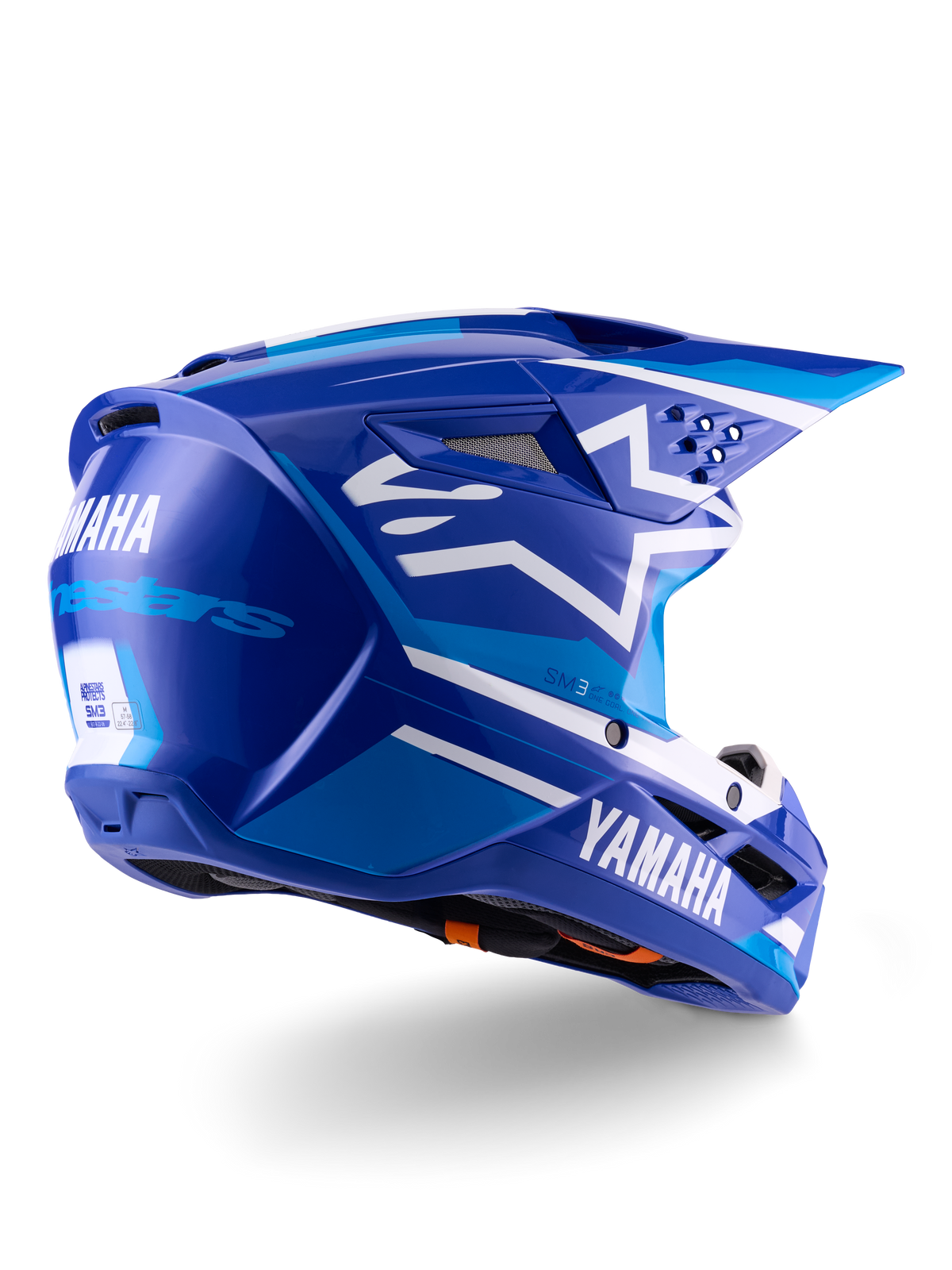 Alpinestars Yamaha S-M3 Helmet ECE 22.06, casco da motocross, blu e bianco lucido, con loghi Yamaha e Alpinestars, logo a stella bianco sul lato, prese d'aria ed estrattori multipli, design aerodinamico per prestazioni fuoristrada