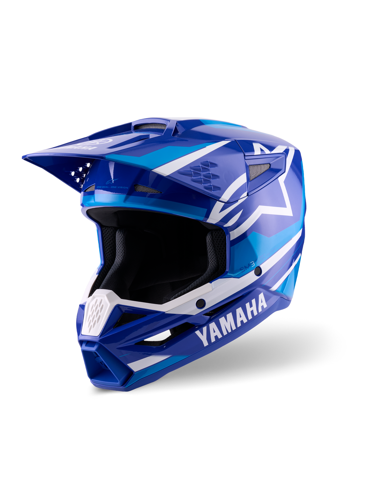 Casco Alpinestars Yamaha S-M3, casco da motocross, blu e bianco lucido, con marchio Yamaha in evidenza e logo a stella Alpinestars, design angolare con frontino e mentoniera ventilata, attrezzatura professionale per corse off-road