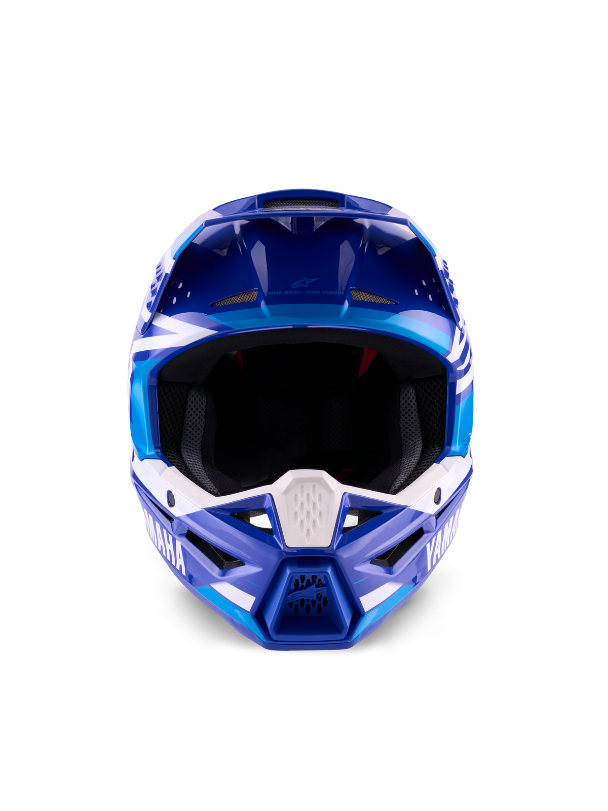 Casco Yamaha S-M3 ECE 22.06, casco da motocross, blu e bianco lucido, vista frontale che mette in evidenza la mentoniera protettiva con logo Yamaha e diverse prese d'aria