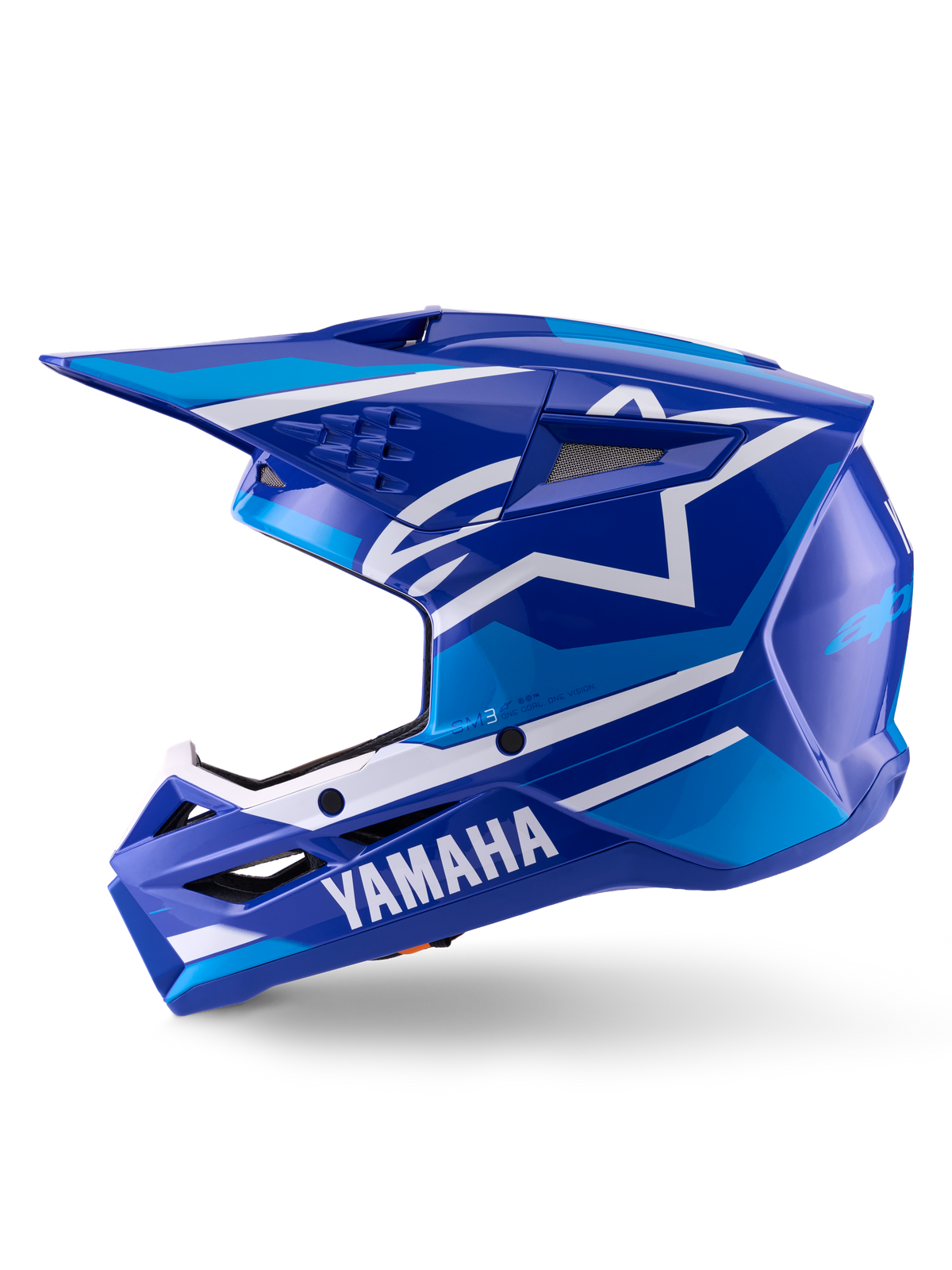 Casco Alpinestars Yamaha S-M3, casco da motocross, blu e bianco lucido, vista di profilo laterale con marchio Yamaha sulla mentoniera e logo a stella Alpinestars, calotta aerodinamica con porte di ventilazione per gare fuoristrada