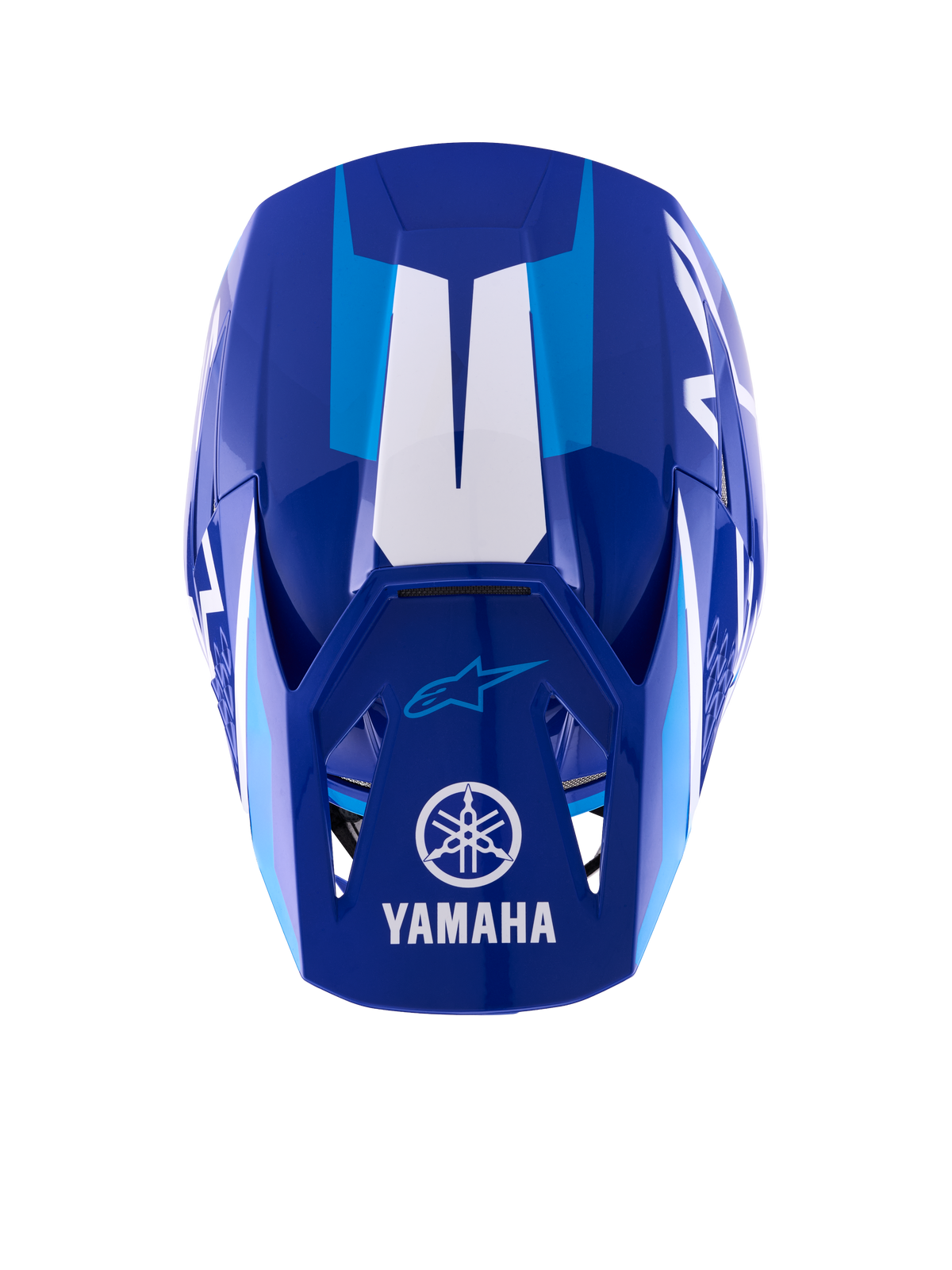 Casco Alpinestars Yamaha S-M3, casco da motocross, blu e bianco lucido, vista dall'alto che mostra il frontino con logo e scritta Yamaha bianchi, accenti grafici azzurri e design aerodinamico della calotta aggressivo.