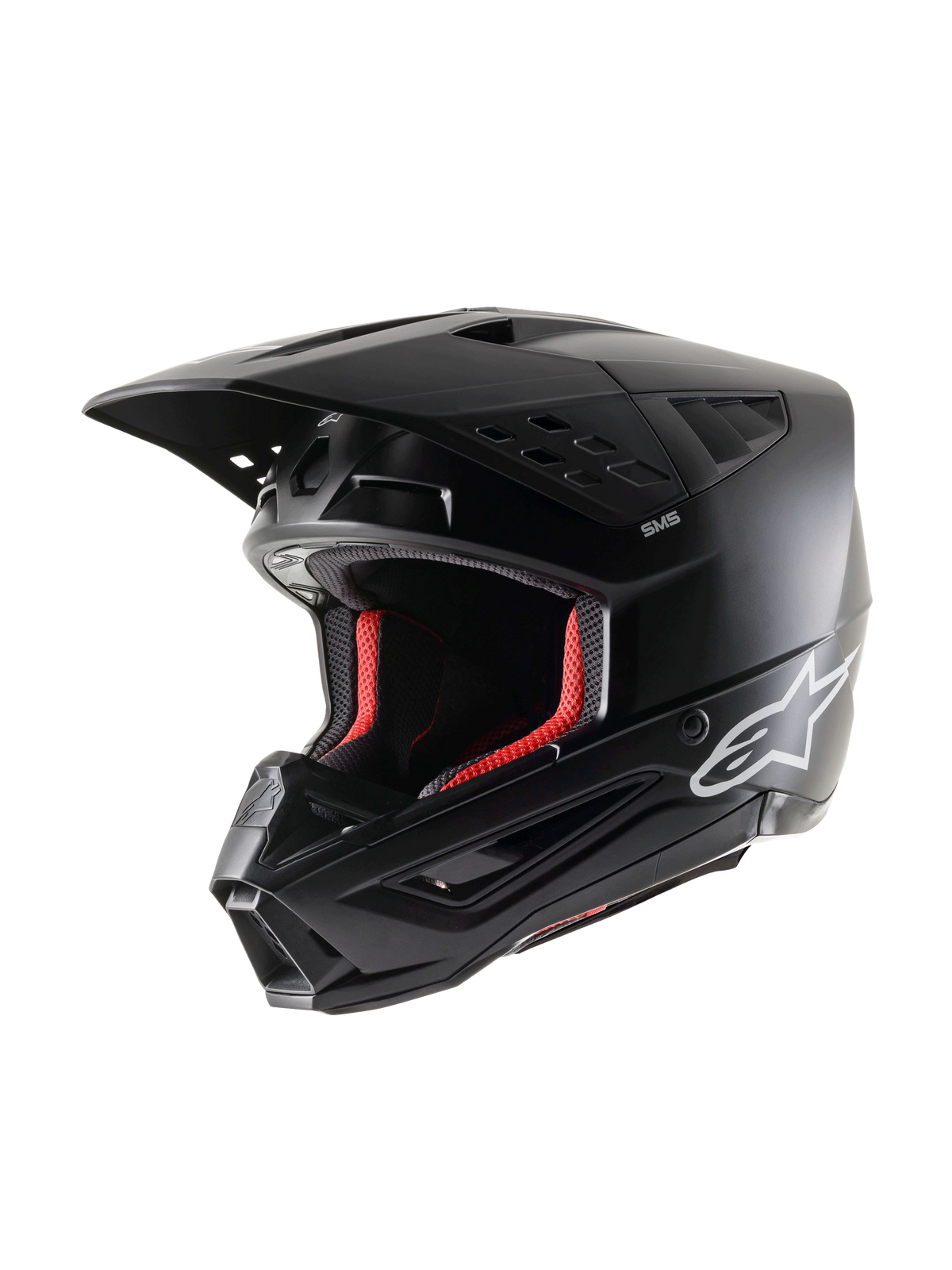 Alpinestars S-M5 Solid Helmet ECE 22.06, casco da motocross, nero opaco, vista a tre quarti, con logo Alpinestars bianco sul lato e imbottitura interna rossa, design aerodinamico con molteplici prese d'aria