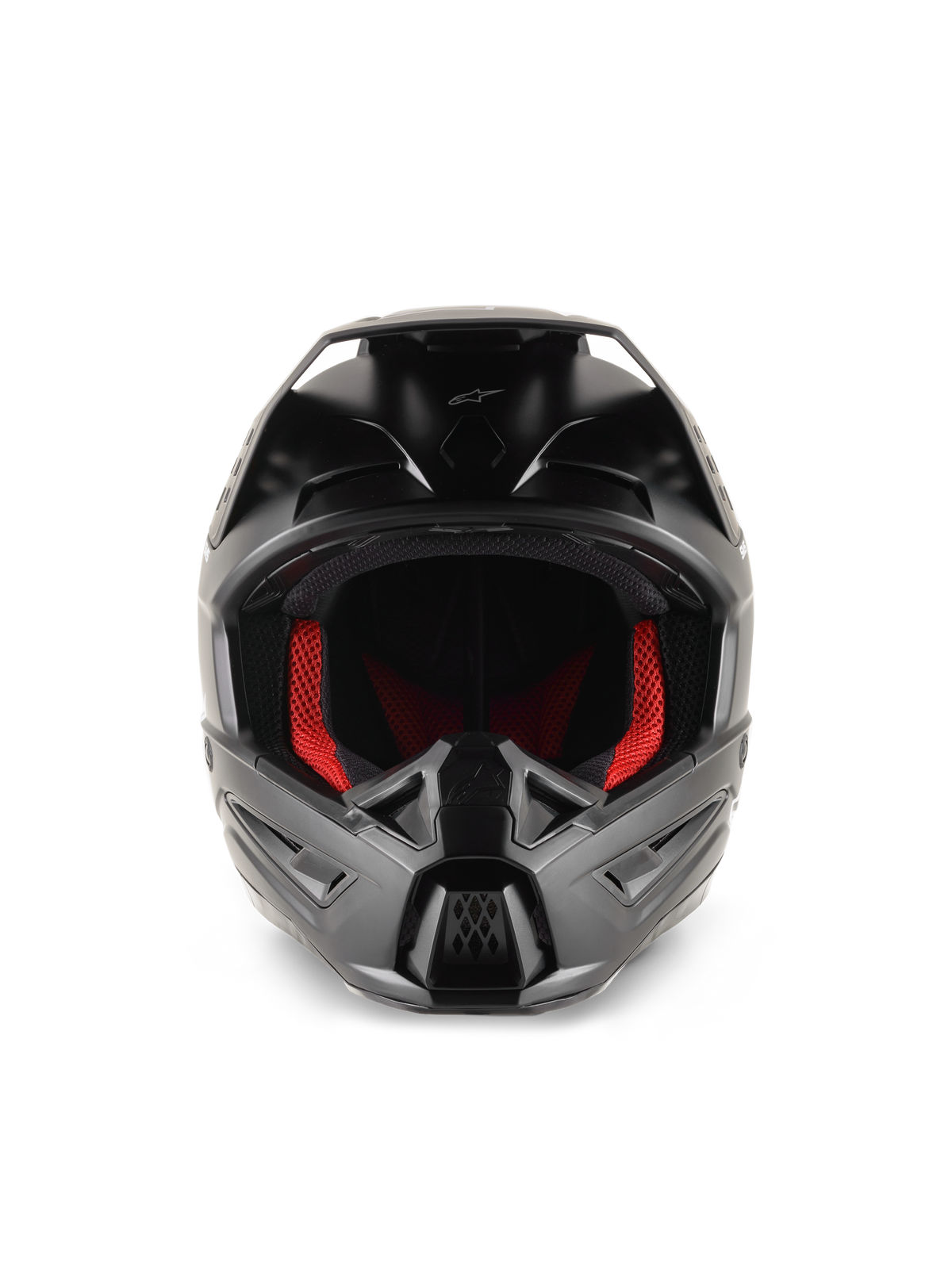 Alpinestars S-M5 Solid Helmet, casco da motocross, nero opaco, vista frontale con imbottitura interna rossa, mentoniera sagomata con prese d'aria e visiera protettiva per il fuoristrada