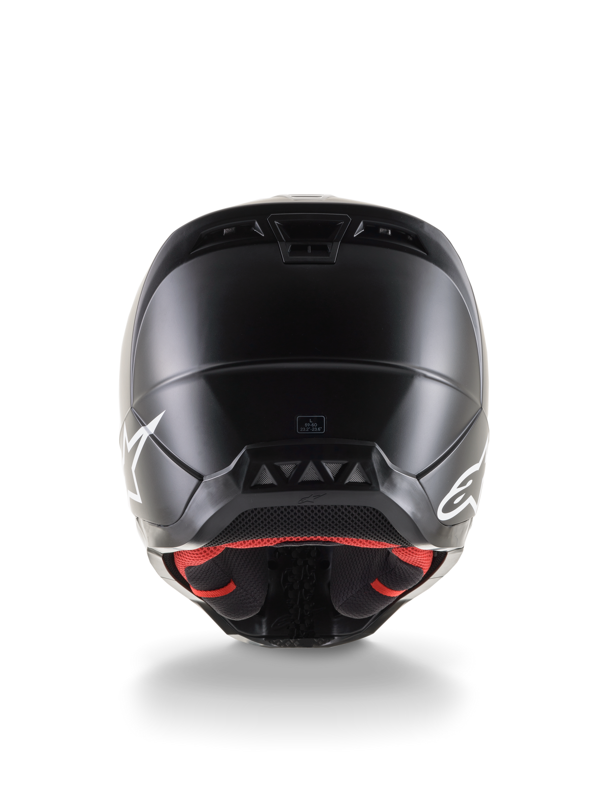 Vista posteriore del casco Alpinestars S-M5 Solid ECE 22.06, casco da motocross, finitura nero opaco, loghi Alpinestars bianchi sui lati, fodera interna rossa, calotta aerodinamica con prese d'aria di scarico.