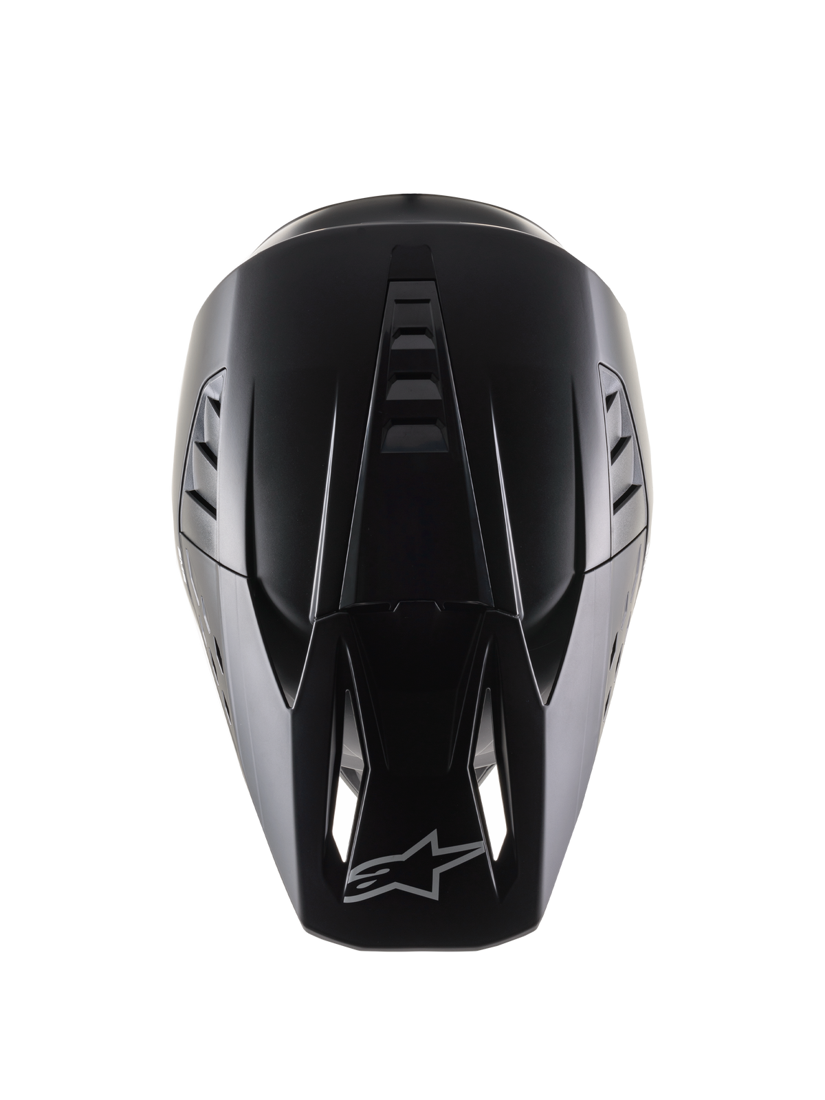 Alpinestars S-M5 Solid Helmet ECE 22.06, casco da motocross, nero opaco, vista dall'alto che mostra la calotta aerodinamica con scanalature di ventilazione, visiera con prese d'aria e logo Alpinestars, elegante finitura opaca progettata per corse off-road