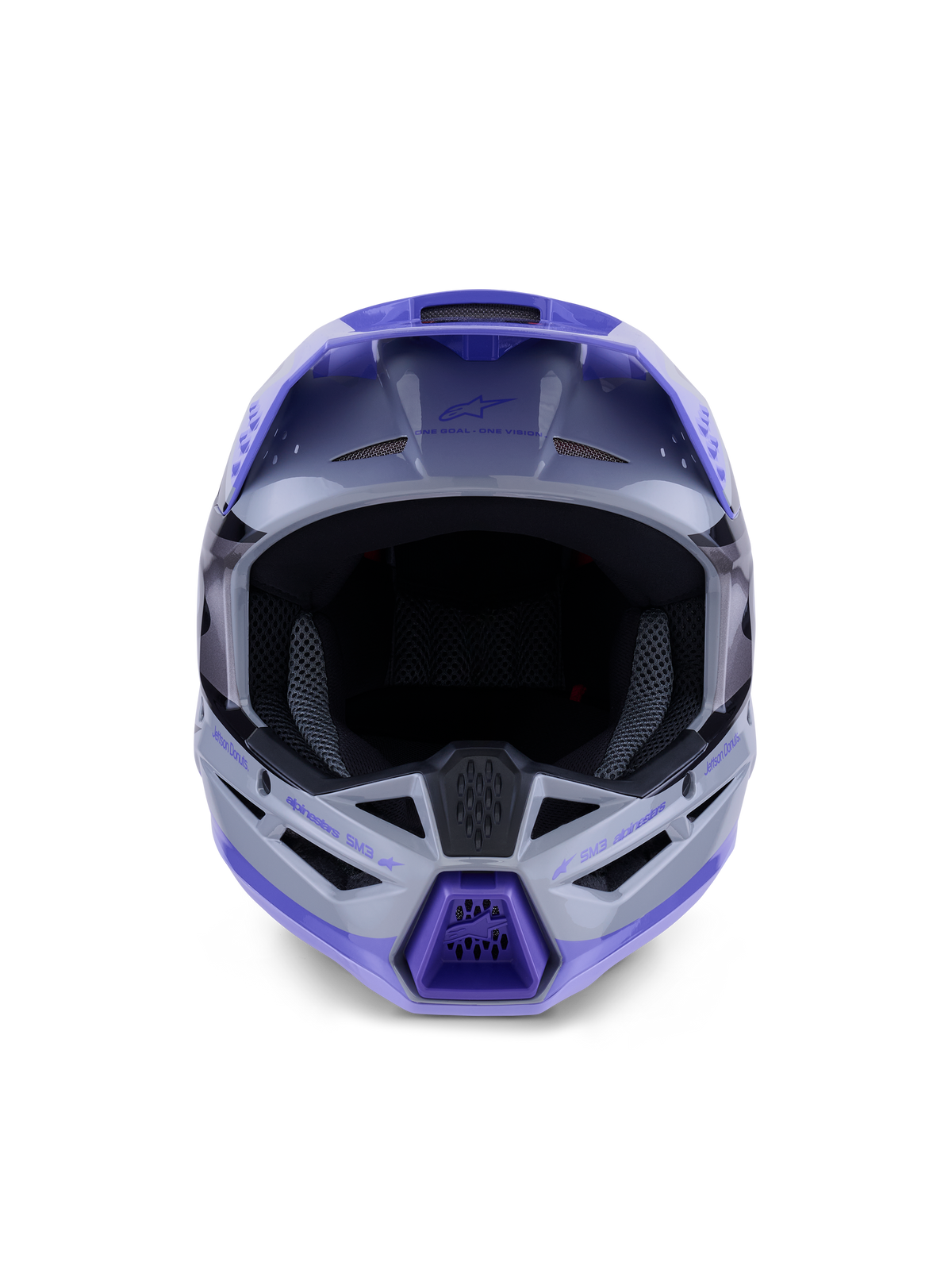 Alpinestars Casco S-M3 Jettson Ragazzo, casco da motocross, finitura lucida grigio, viola e nero, vista frontale con ampia apertura per la maschera e mentoniera ventilata, protezione professionale per la testa fuoristrada
