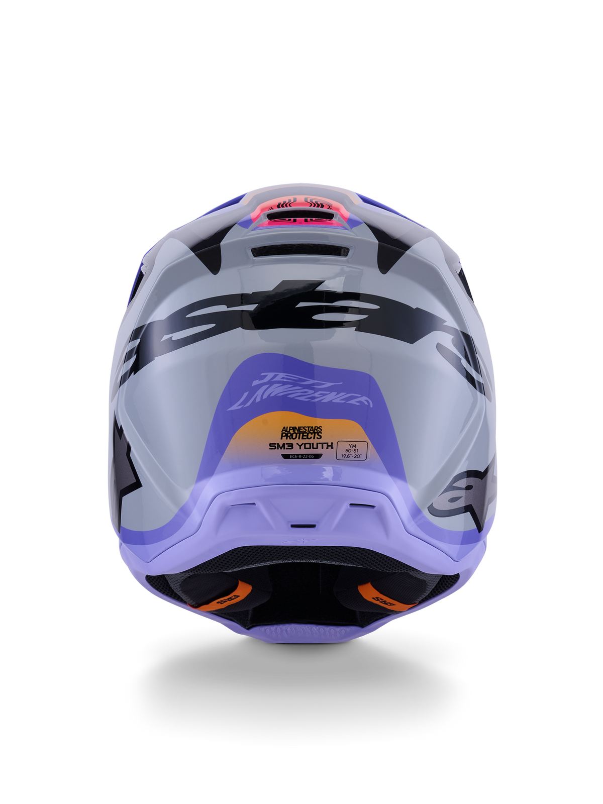 Alpinestars Casco S-M3 Jettson Youth, vista posteriore, grigio con grafiche lucide viola e nere, con design firmato Jett Lawrence e loghi Alpinestars, casco da motocross off-road